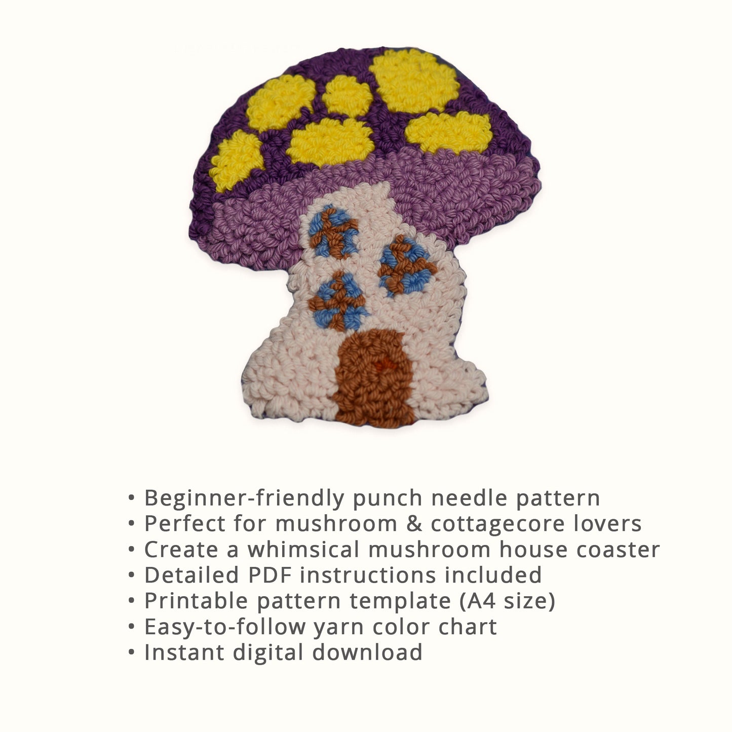 Purple mushroom house punch needle coaster pattern PDF featuring yellow mushroom cap spots, blue windows, and a brown door. Beginner-friendly digital punch needle pattern with printable template, yarn color chart, detailed instructions, and instant download.