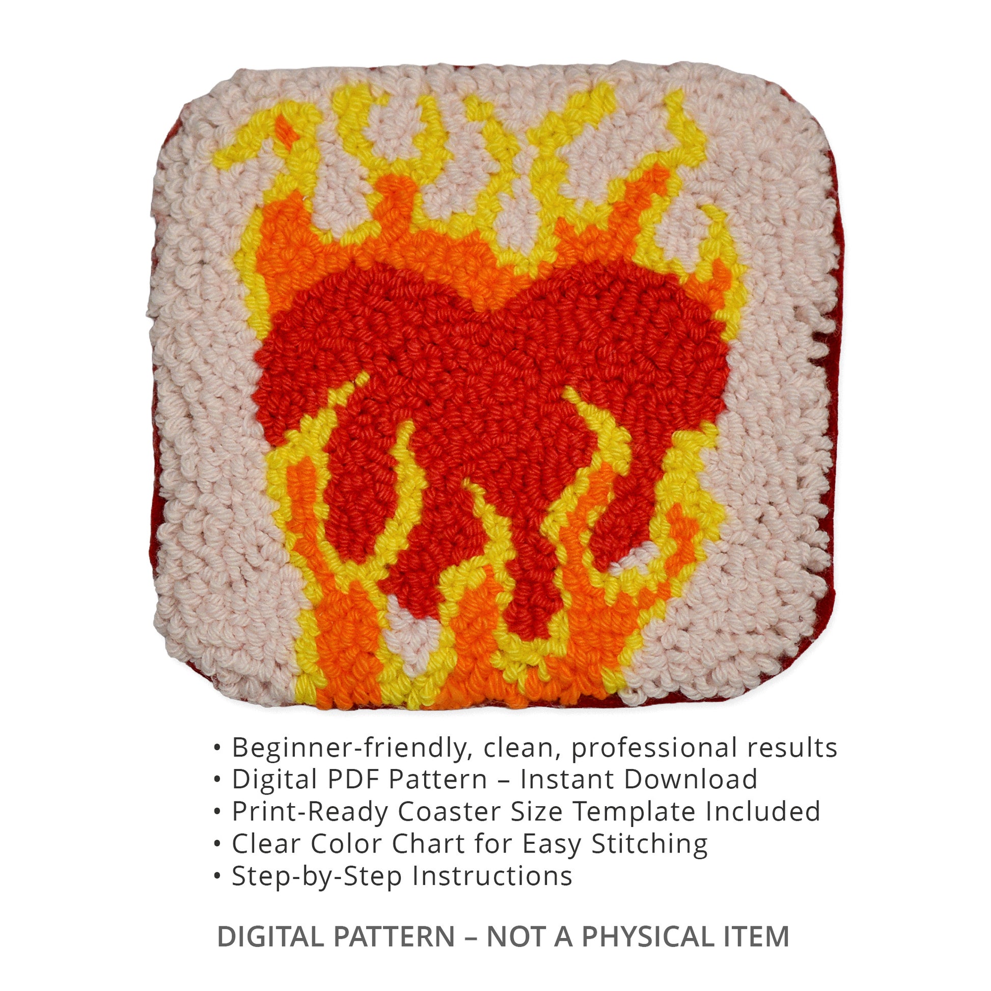 Punch needle digital PDF pattern for flaming heart coaster, beginner-friendly instant download with color chart, print-ready template and step-by-step instructions, not a physical item.