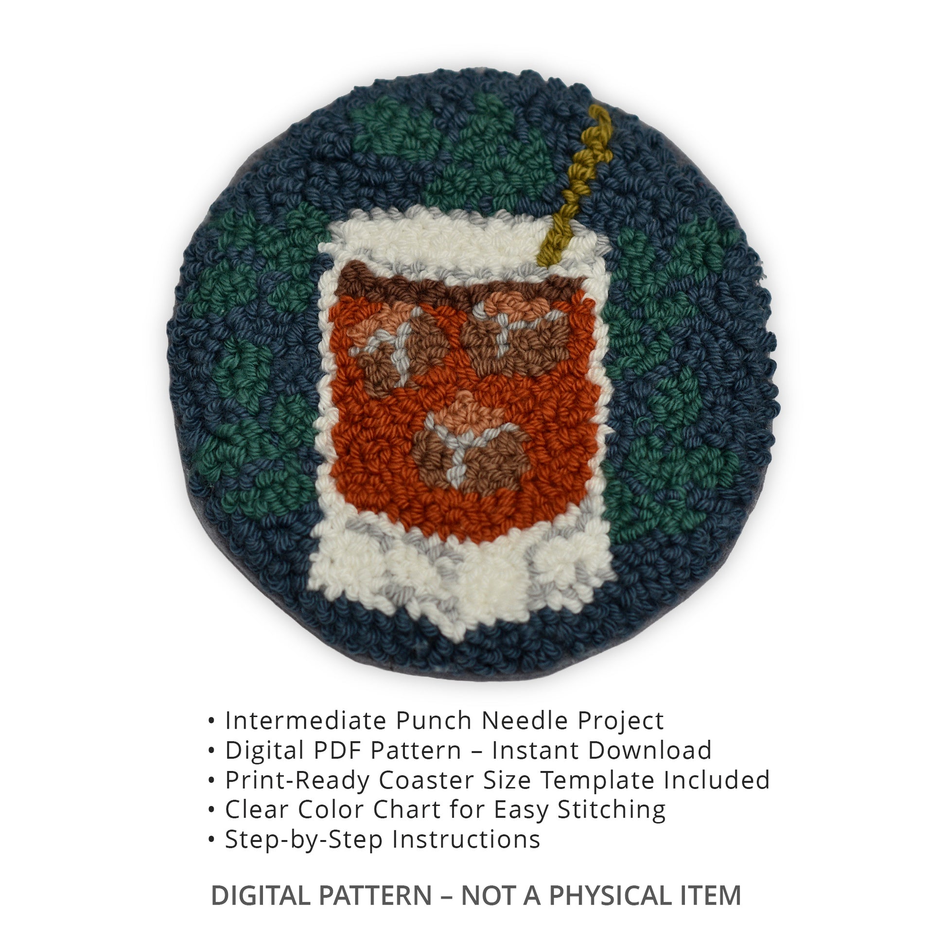 Punch needle whiskey cocktail coaster pattern, round drink design, digital PDF download with color chart and step-by-step instructions.