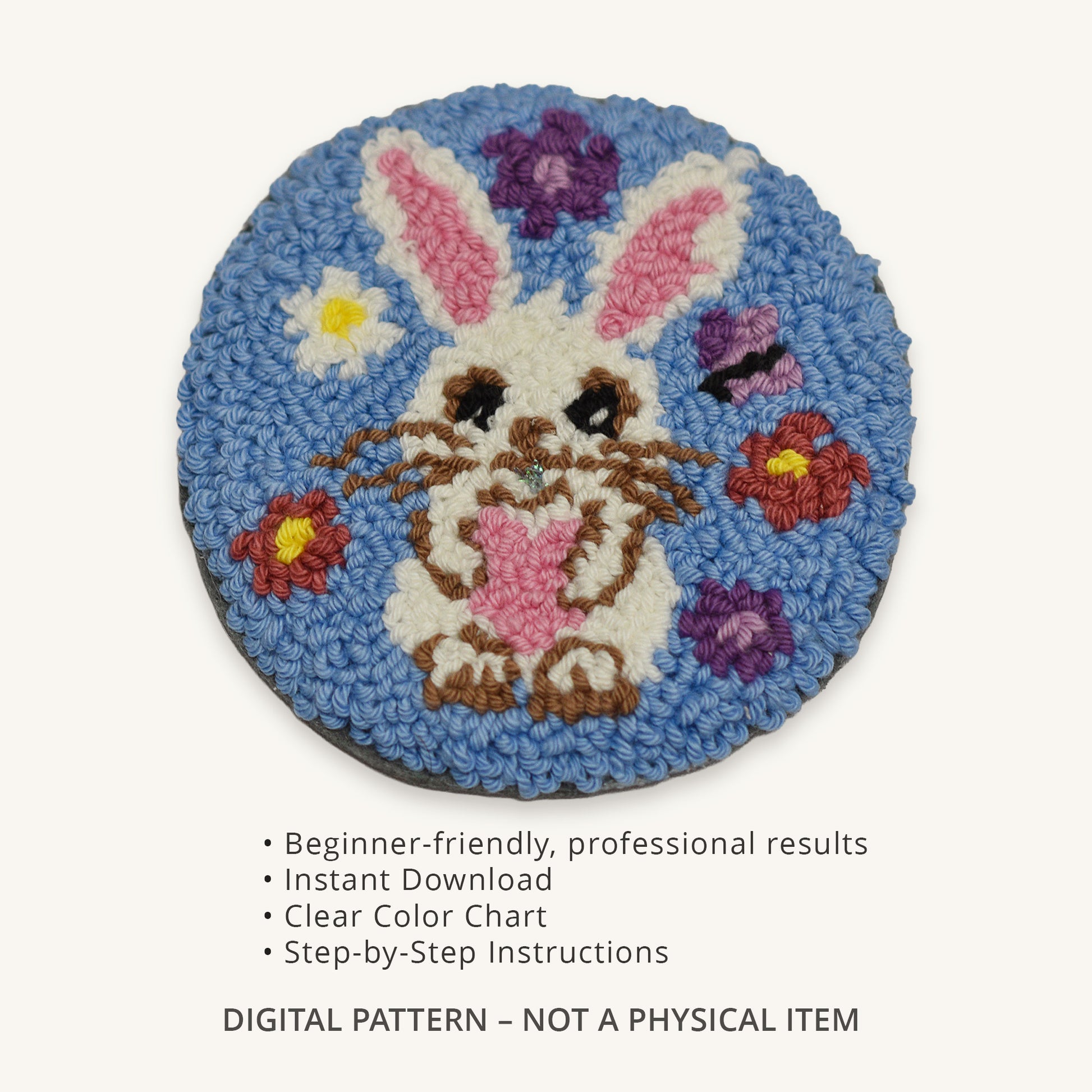 Easter bunny punch needle coaster digital pattern with feature list showing beginner friendly instructions, instant download and color chart, not a physical item.
