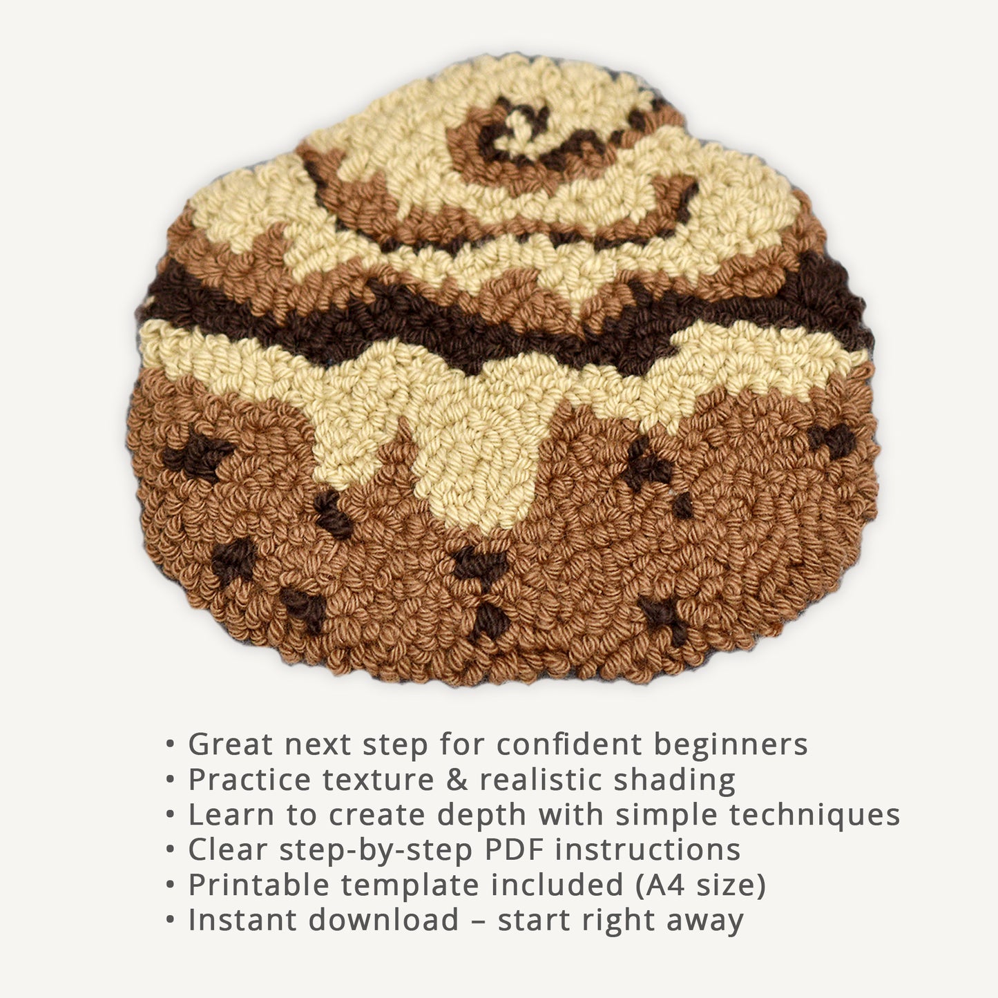 Cinnamon roll punch needle coaster pattern PDF with skills overview showing texture and shading practice, printable template and instant download