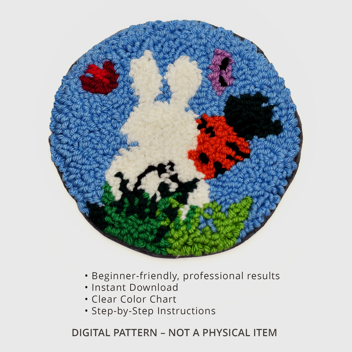 Punch needle bunny coaster digital pattern listing image showing included features, instant download details, color chart, instructions, and digital product disclaimer