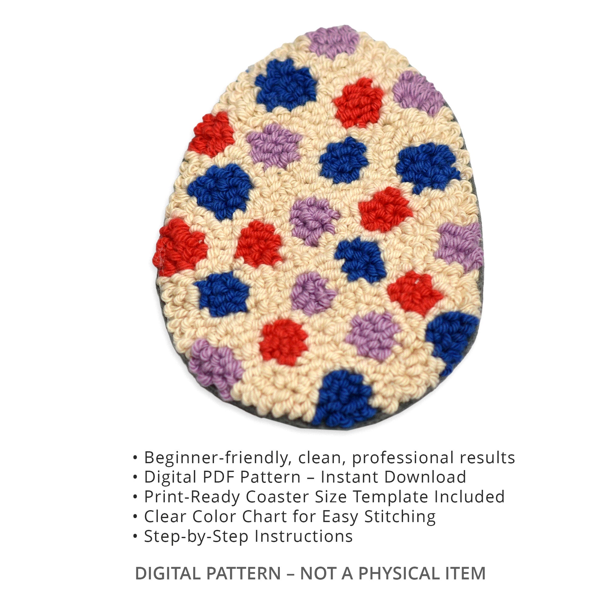 Punch needle Easter egg coaster pattern preview showing finished polka dot coaster and key features including beginner-friendly instructions, color chart, and instant digital PDF download.