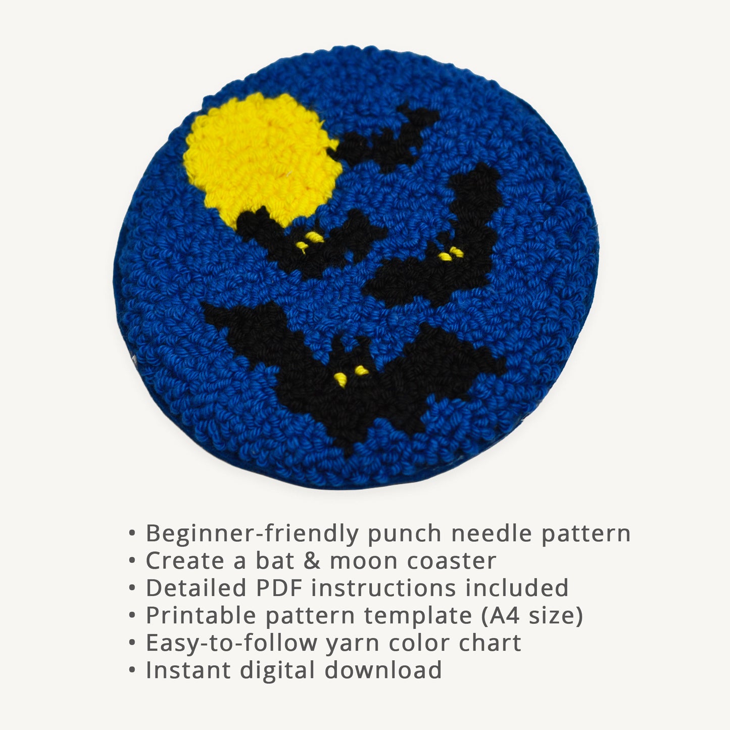 Punch needle pattern for a Halloween coaster featuring black bats flying across a bright full moon in a blue night sky. Digital PDF pattern includes printable template, yarn color chart, and step-by-step instructions.