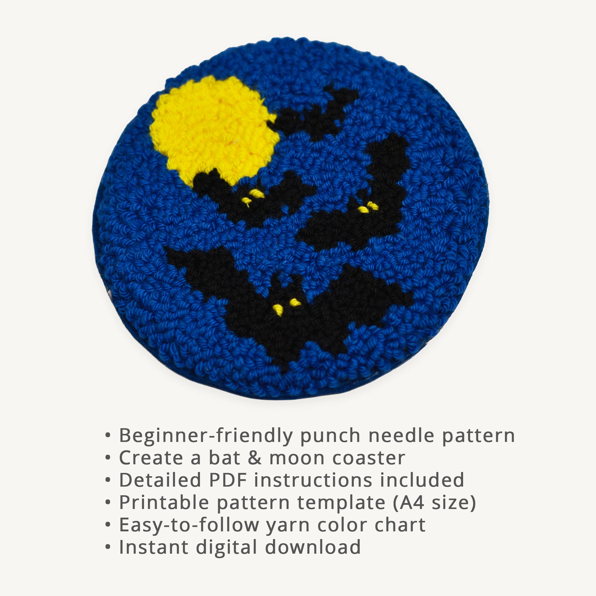 Punch needle pattern for a Halloween coaster featuring black bats flying across a bright full moon in a blue night sky. Digital PDF pattern includes printable template, yarn color chart, and step-by-step instructions.