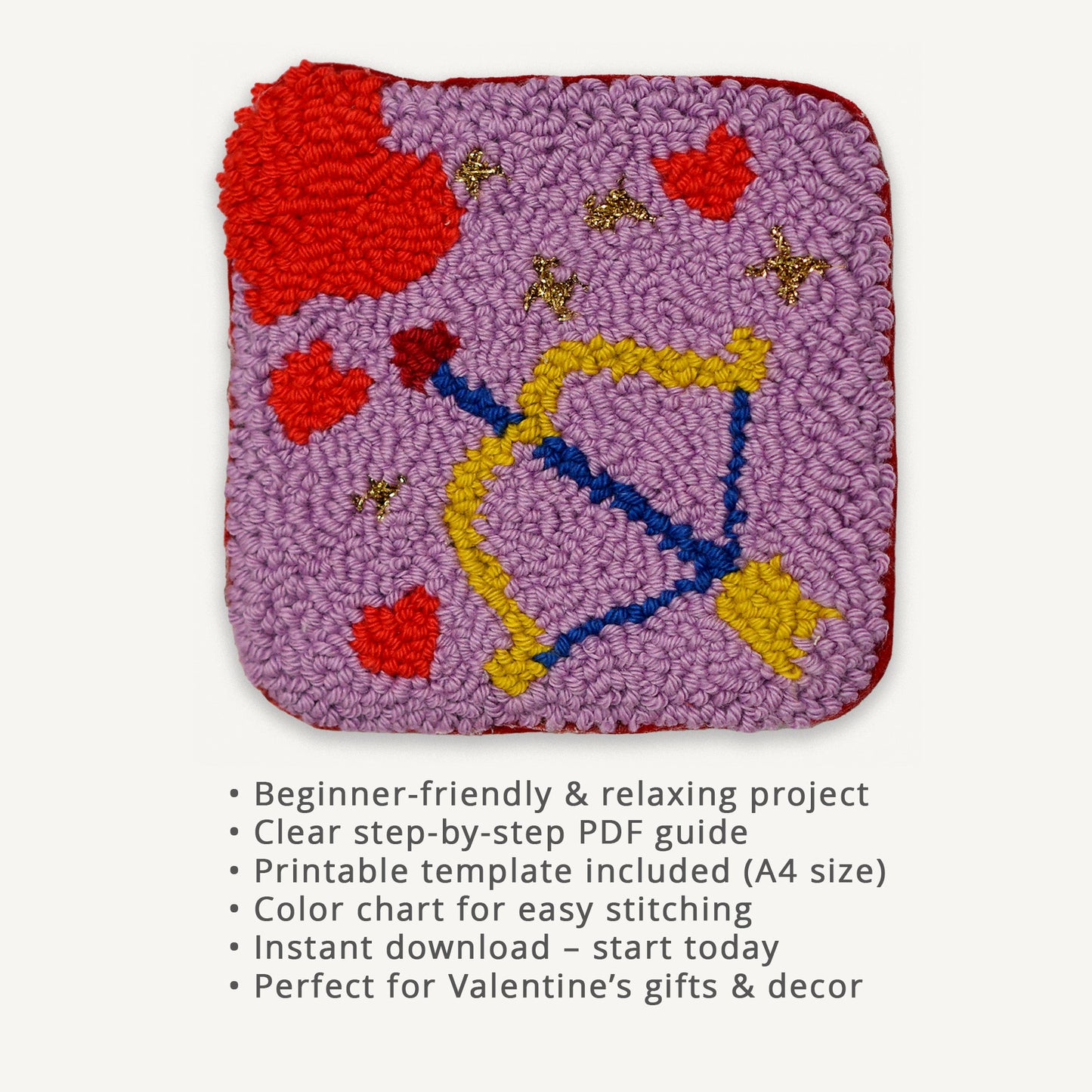 Punch needle coaster pattern PDF with cupid heart design and feature list including beginner friendly instructions, printable template, color chart and instant download