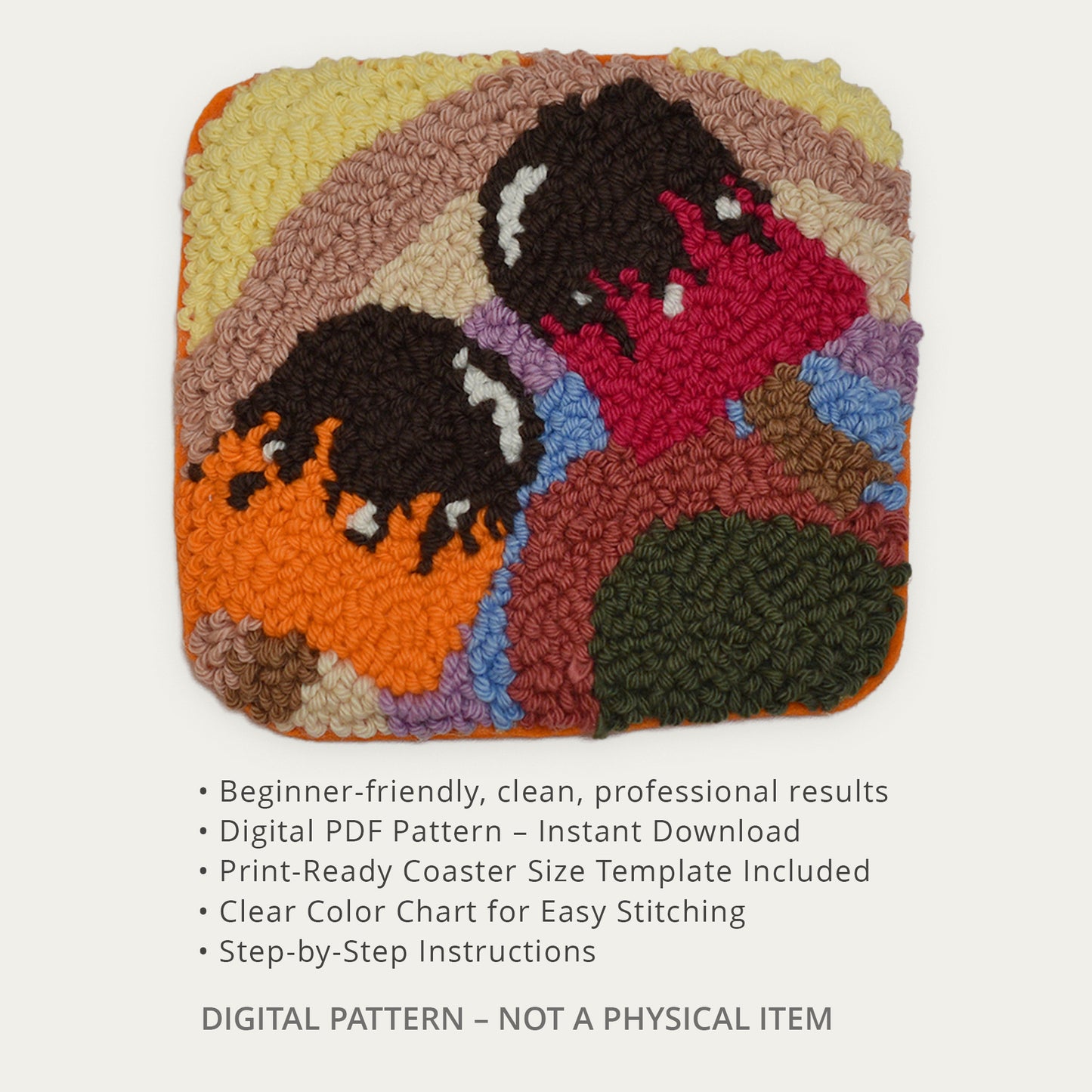 Punch needle coaster featuring a colorful illustrated scene with textured yarn loops, shown on a light neutral background, with text indicating a beginner-friendly digital PDF pattern.