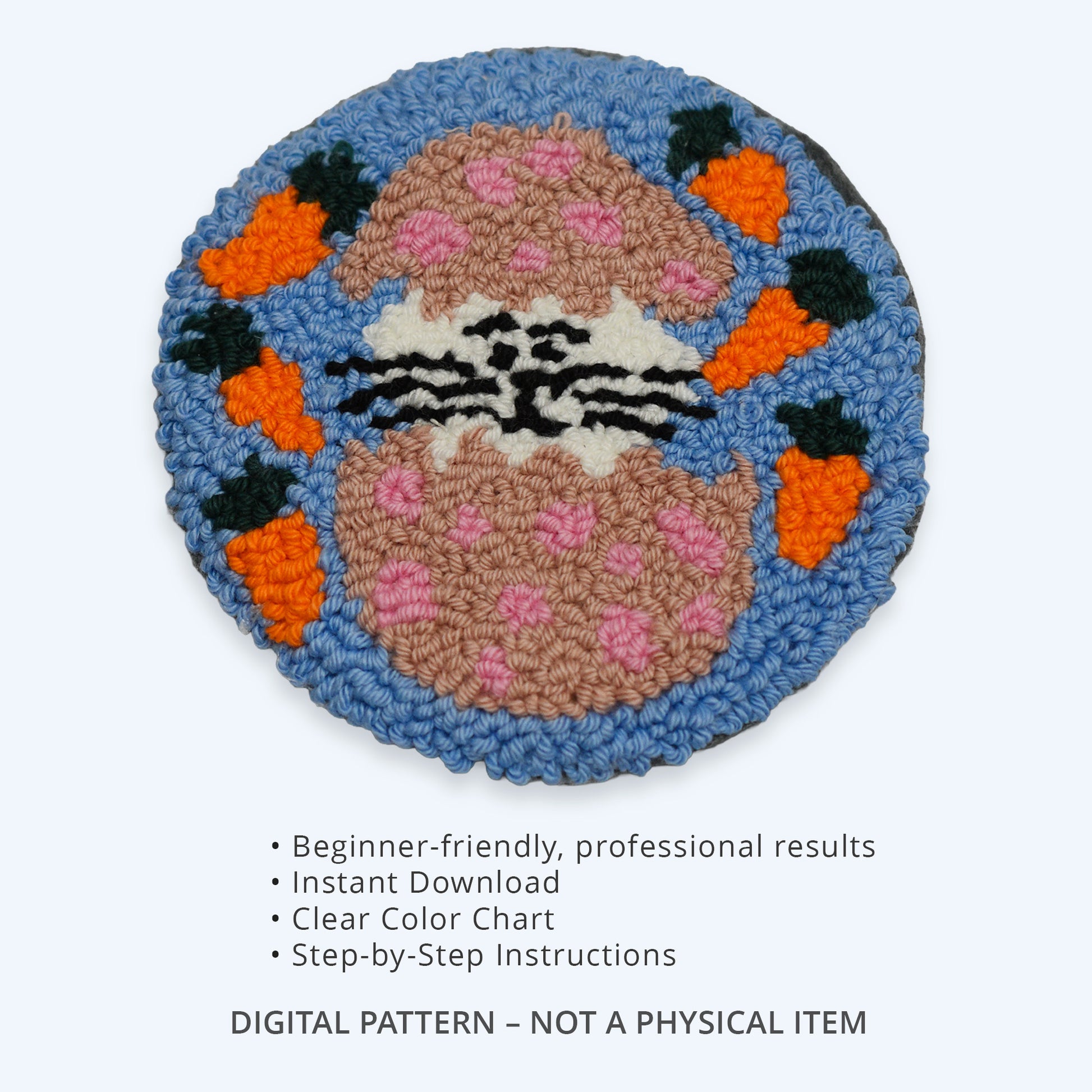 Easter bunny punch needle coaster digital pattern with beginner-friendly instructions, instant download, color chart, and step-by-step guide, not a physical item.