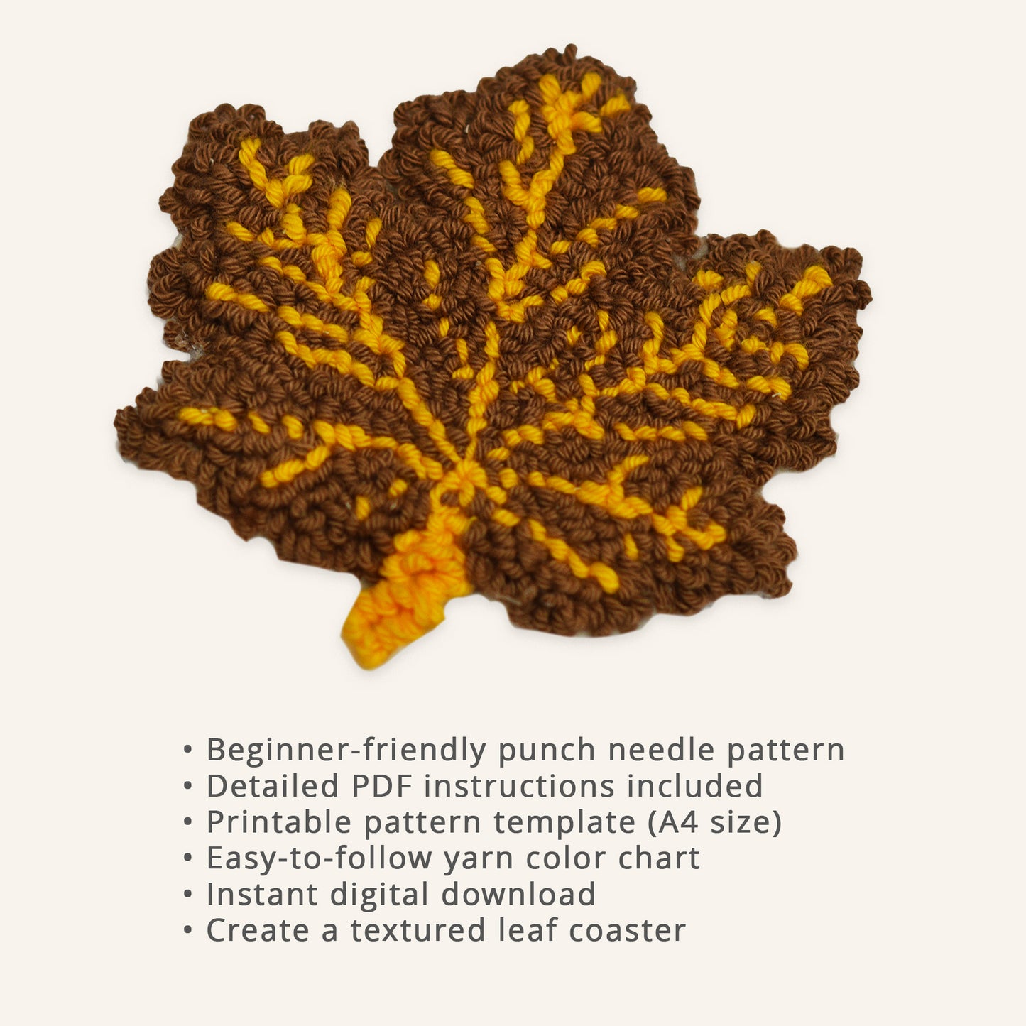 Autumn leaf punch needle pattern with beginner-friendly project details, including PDF instructions, printable A4 template, yarn color chart, instant digital download, and textured leaf coaster design.