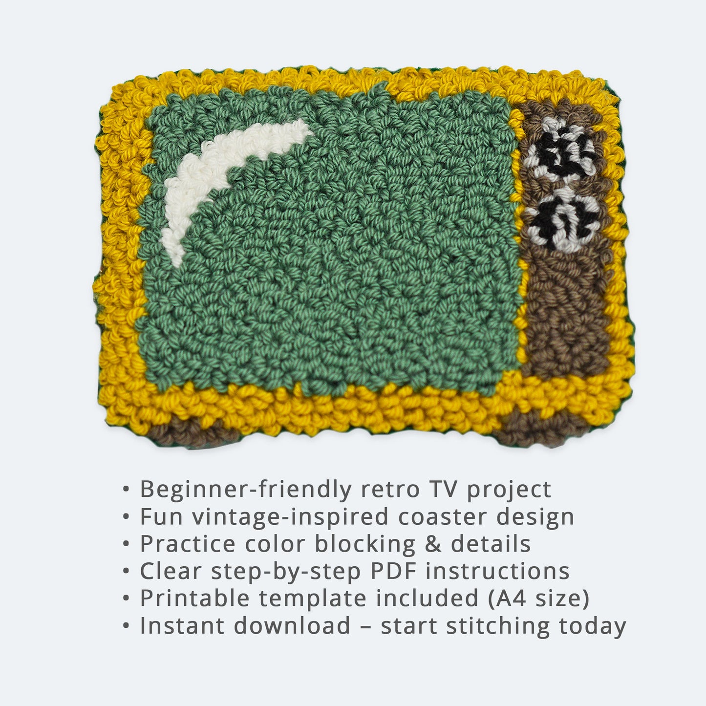 Retro TV punch needle coaster digital PDF pattern featuring a vintage television design with yellow frame, green screen, and rotary knobs. Beginner-friendly punch needle tutorial with printable template, color chart, and step-by-step instructions.