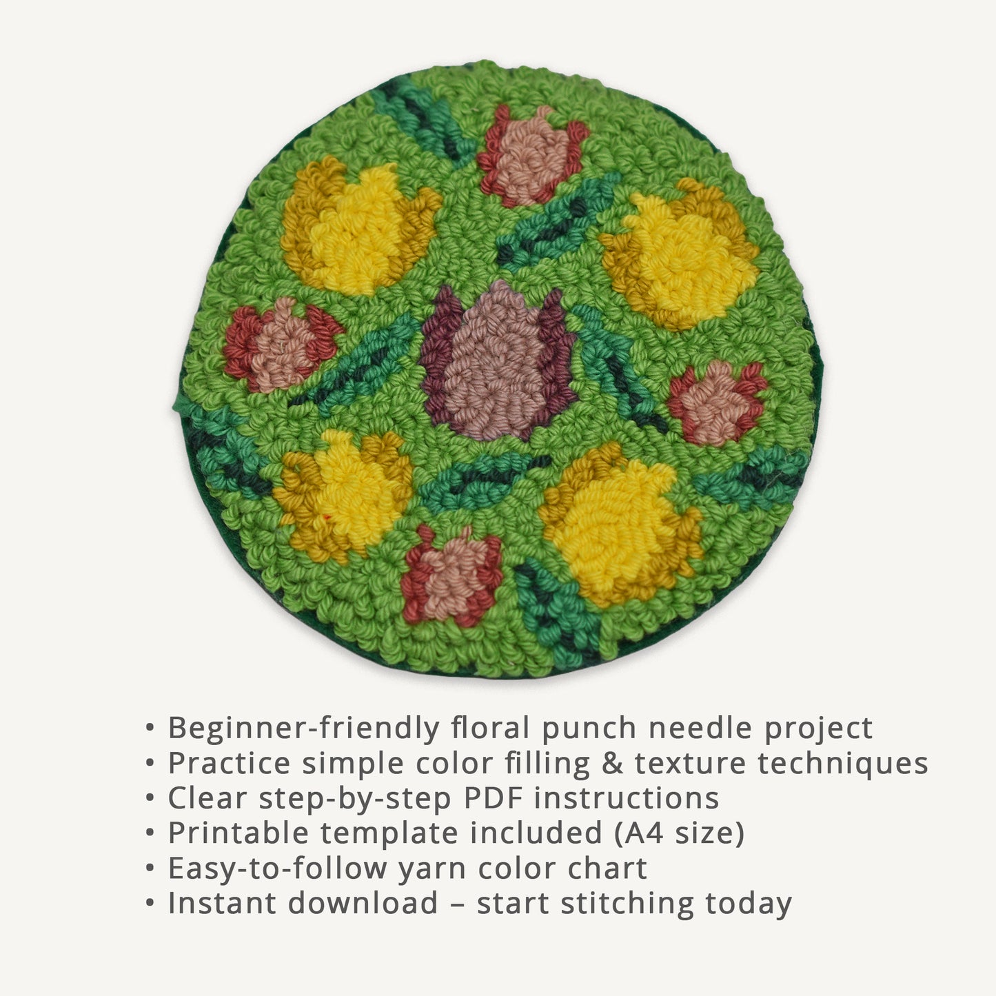 Punch needle tulip coaster digital PDF pattern with colorful floral design and beginner-friendly project details including printable template, yarn color chart, and instant download instructions.