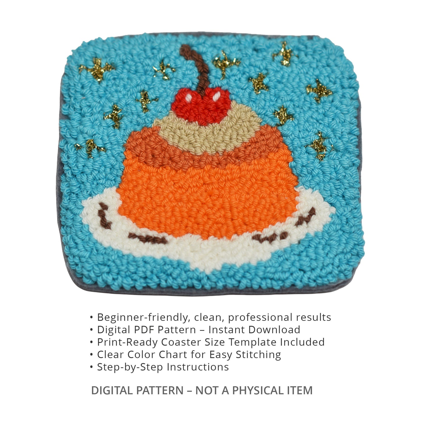 Punch needle orange jelly coaster digital PDF pattern listing image with turquoise background, gold star details, feature bullet points, and “digital pattern – not a physical item” disclaimer.