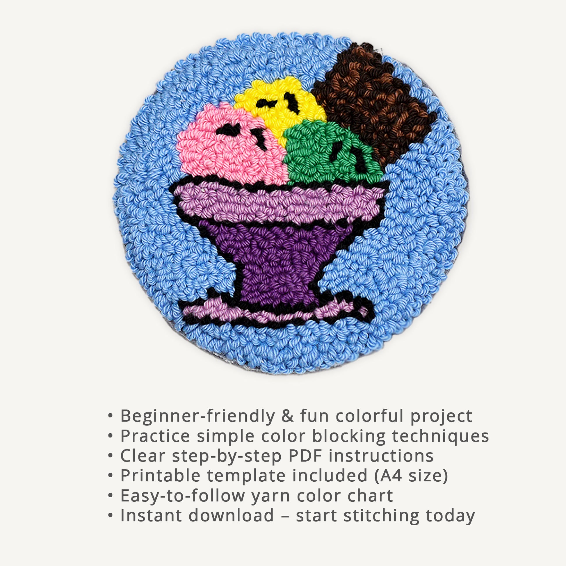 Ice cream sundae punch needle coaster digital PDF pattern with colorful scoops in a purple dessert cup and beginner-friendly feature list including printable template and instant download.