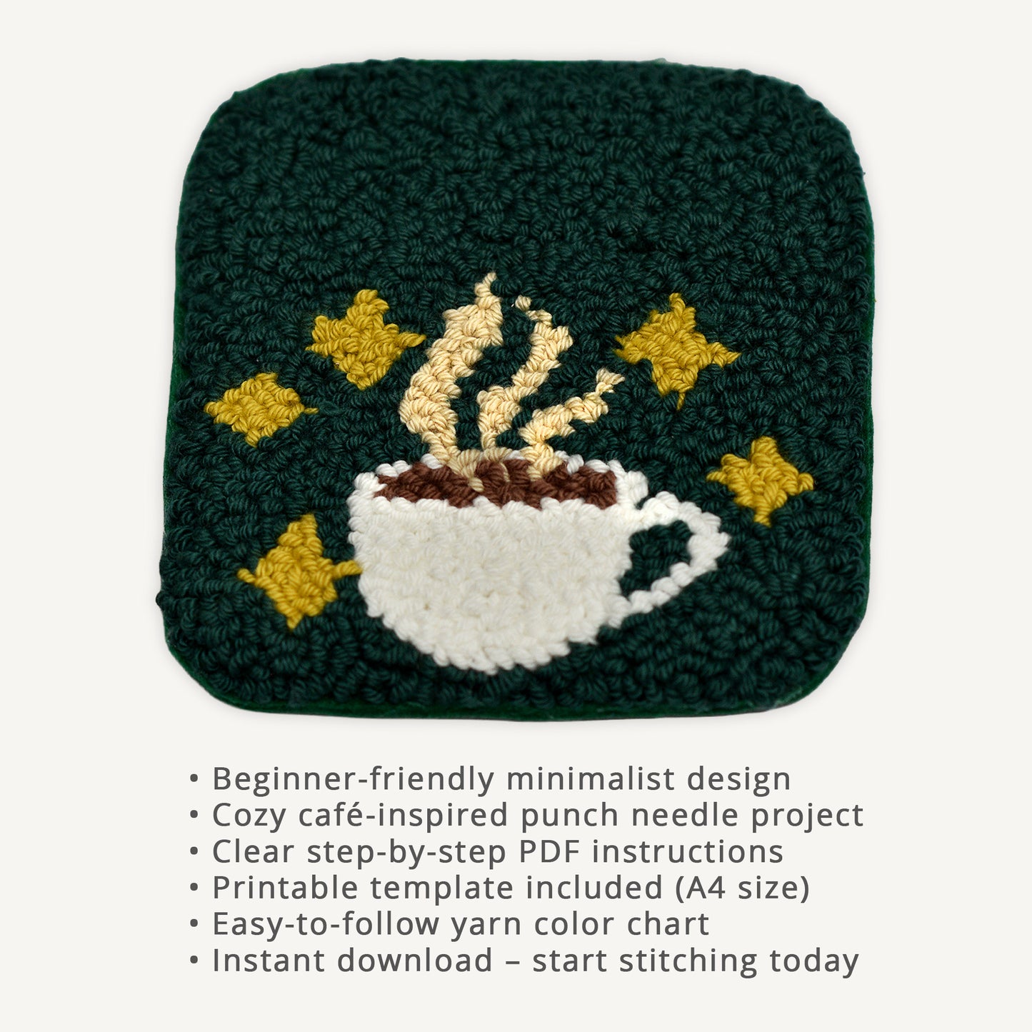 Punch needle coffee cup coaster digital PDF pattern with minimalist steaming mug design on dark green background, beginner-friendly embroidery coaster tutorial with printable template and step-by-step instructions.