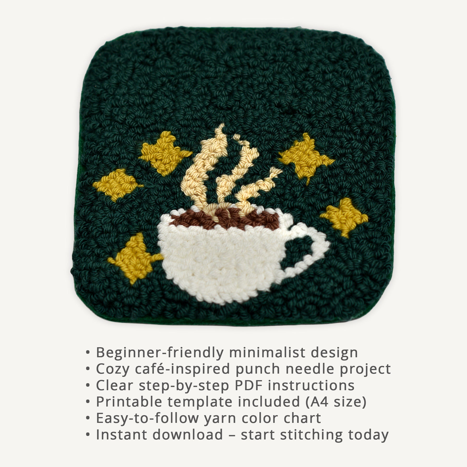 Punch needle coffee cup coaster digital PDF pattern with minimalist steaming mug design on dark green background, beginner-friendly embroidery coaster tutorial with printable template and step-by-step instructions.