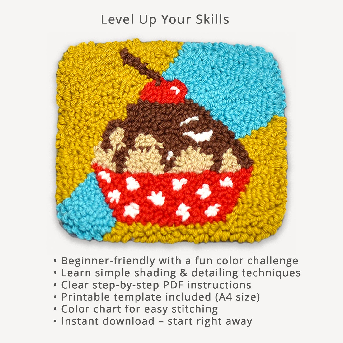 Cherry cupcake punch needle coaster pattern PDF with skills overview showing beginner friendly instructions, shading techniques, printable template and instant download