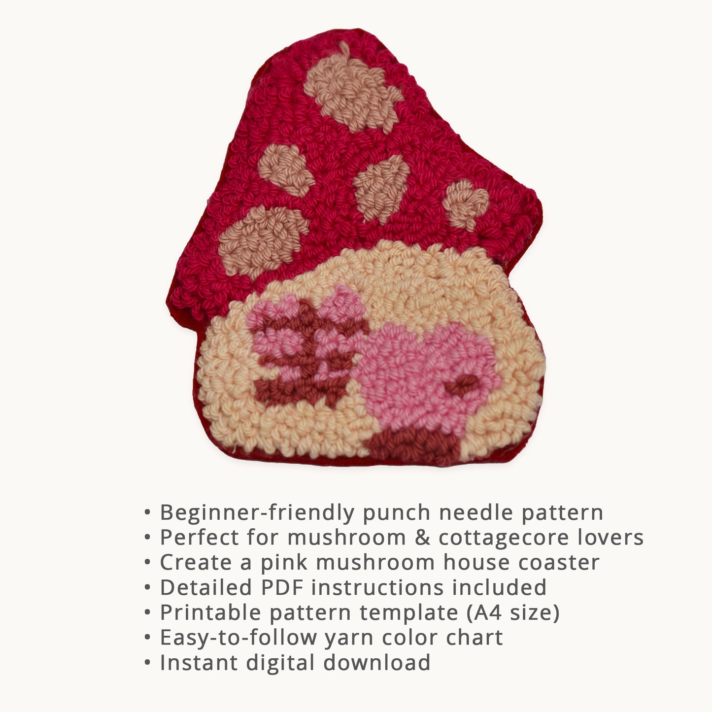 Pink mushroom house punch needle coaster pattern digital download. Beginner-friendly PDF pattern featuring a cottage core mushroom house design. Includes detailed instructions, printable A4 template, yarn color chart, and instant download.