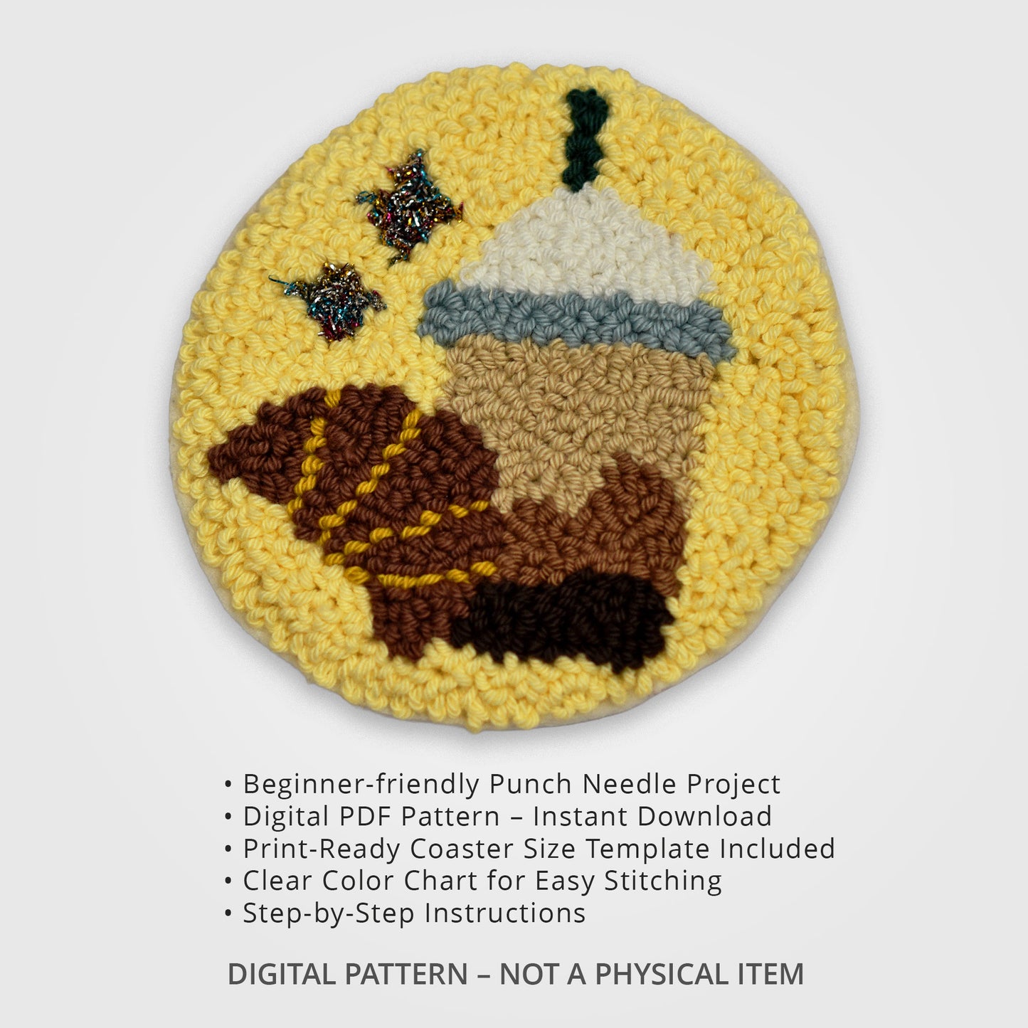 Punch needle coaster pattern PDF with croissant and coffee design, beginner friendly digital download with template and step by step instructions