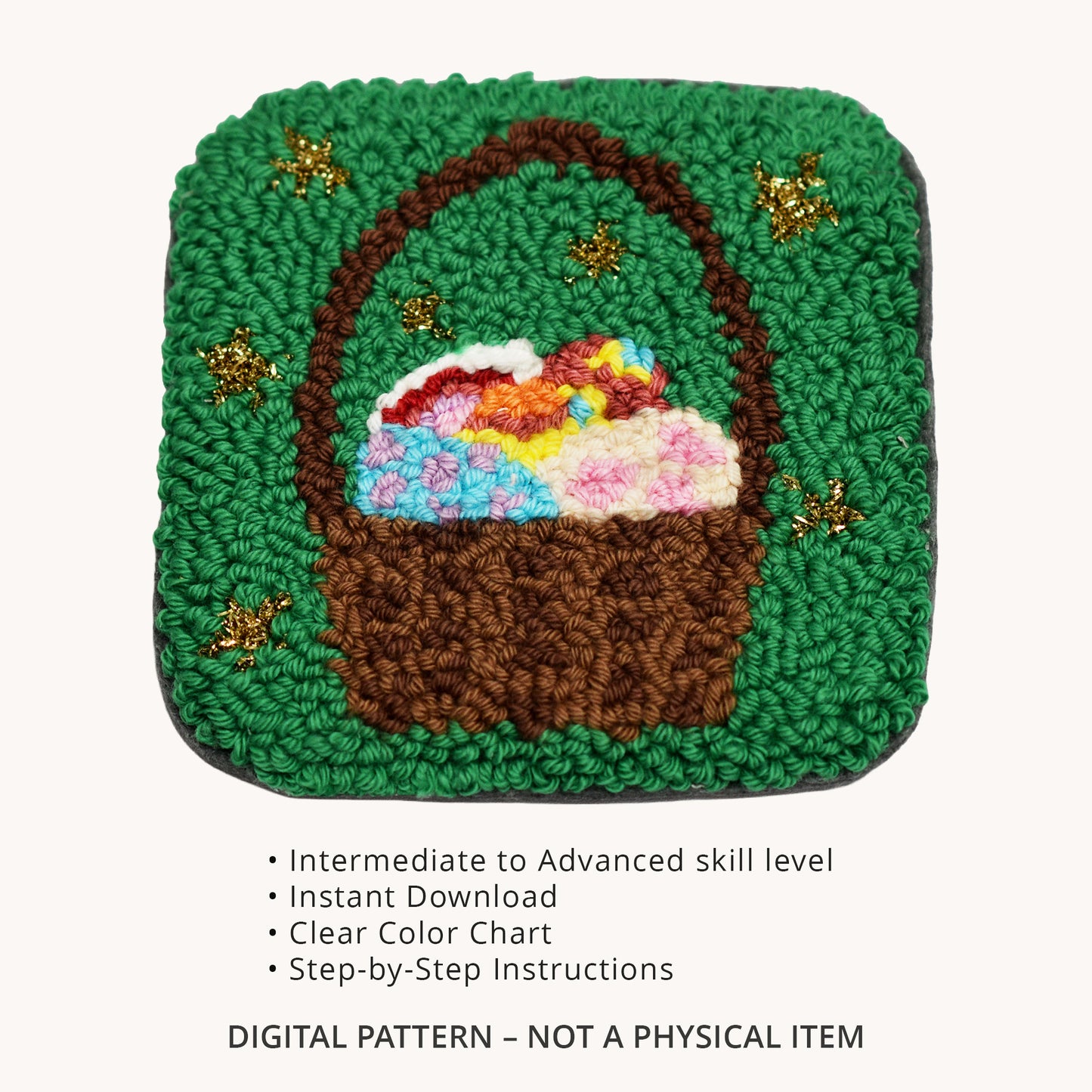 Easter basket punch needle digital PDF pattern with skill level, instant download details, and step-by-step instructions information.