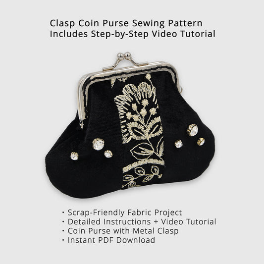 Clasp coin purse sewing pattern with step-by-step video tutorial, black velvet purse with lace embroidery and rhinestones, digital PDF download.