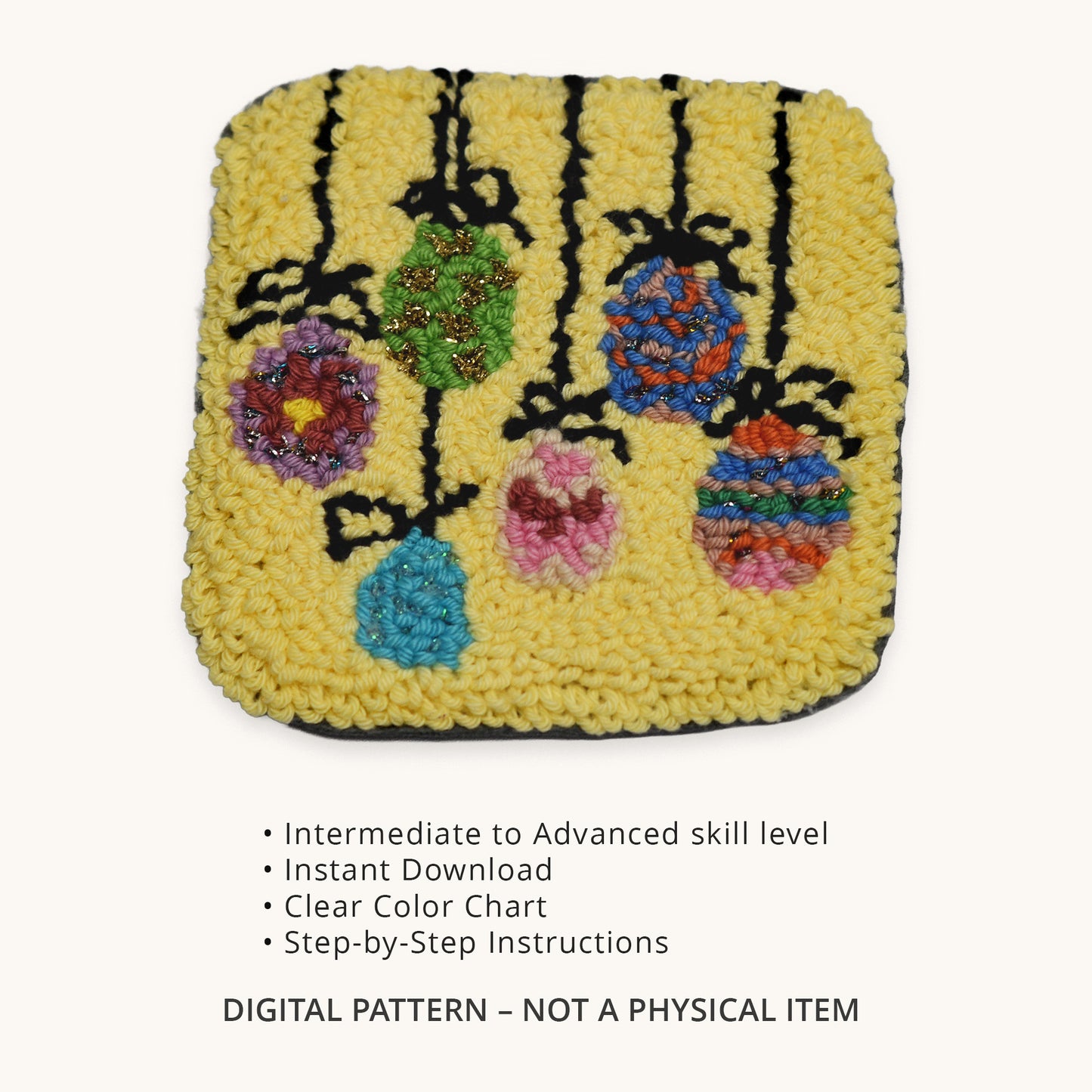 Punch needle Easter egg coaster digital PDF pattern listing image showing skill level, instant download, color chart, step by step instructions, and digital pattern disclaimer text