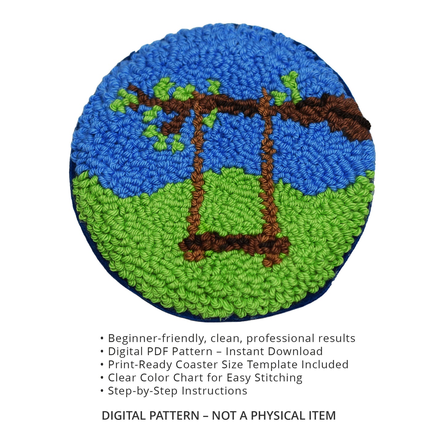 Round punch needle swing design digital PDF pattern with bullet point details about beginner-friendly instructions, print-ready template, and digital download disclaimer.