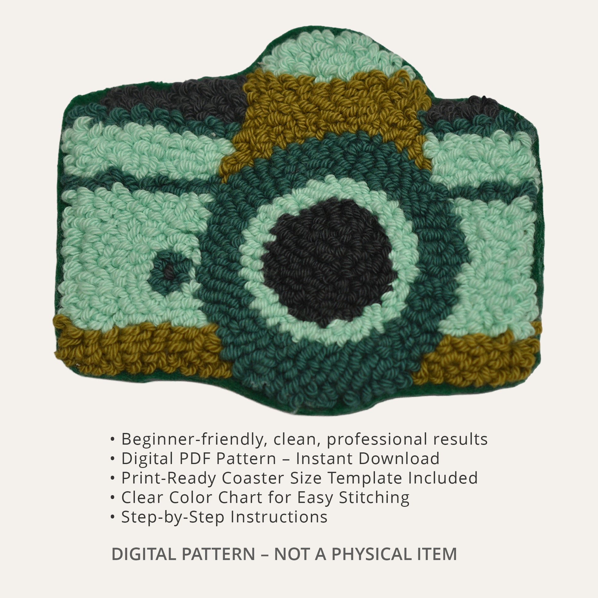 Punch needle camera coaster pattern preview showing a textured camera motif in green shades, with details about the digital PDF pattern and included instructions.