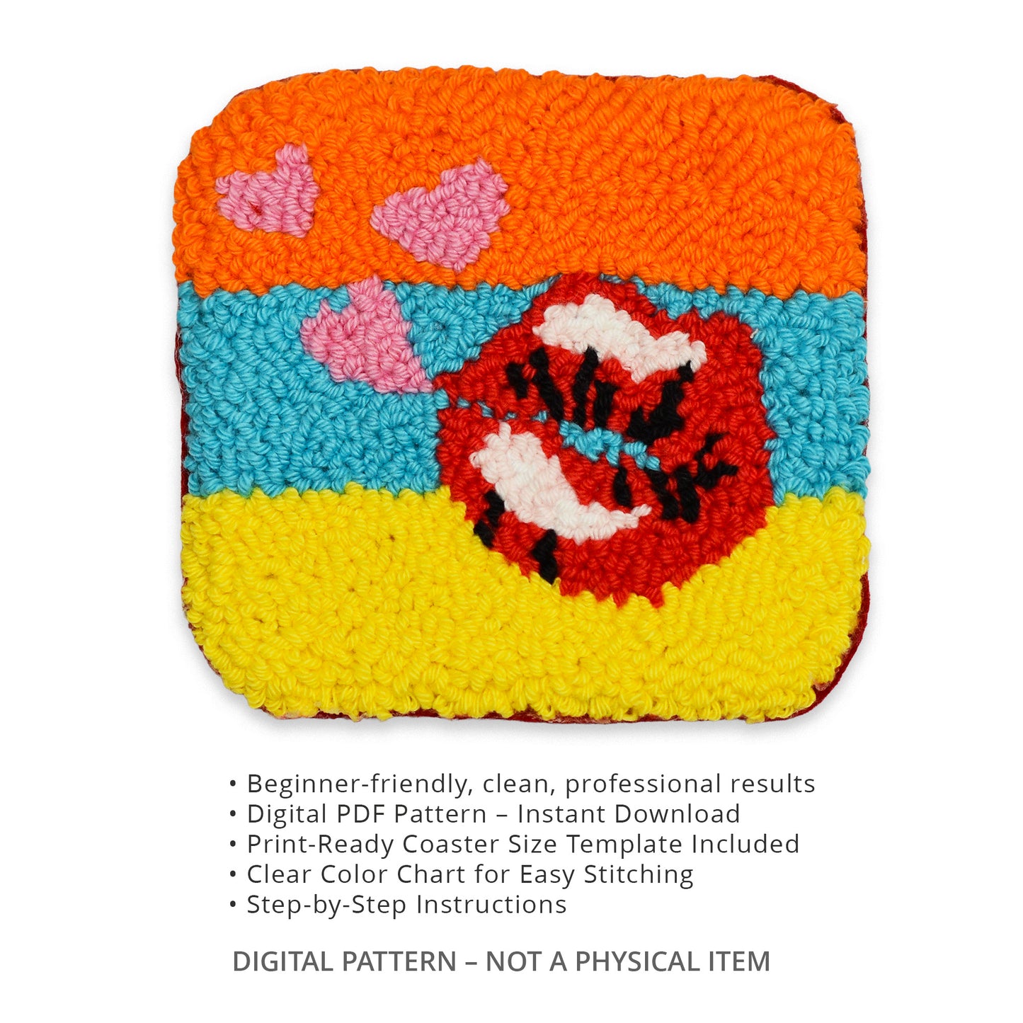 Punch needle coaster pattern preview with feature list including beginner-friendly instructions, instant PDF download, and digital pattern notice.