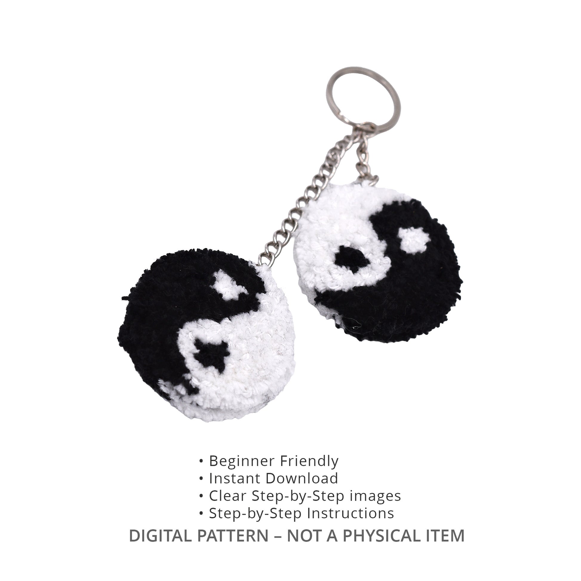 Yin Yang punch needle keychain digital PDF pattern, beginner friendly instant download with step-by-step instructions