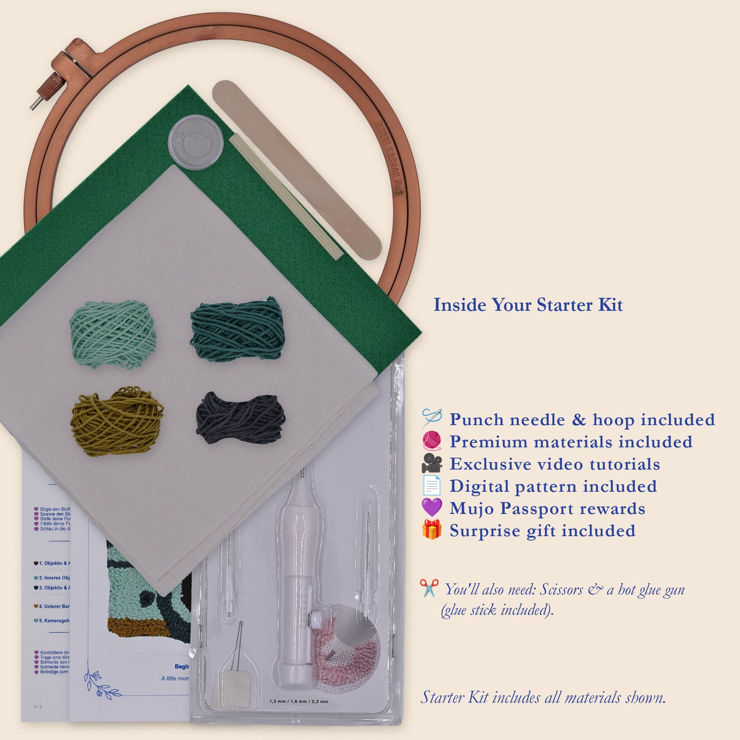 Felt embroidery starter kit laid out on a cream background, including a wooden hoop, felt square, yarn balls, a punch needle, a clear plastic case with tools, printed pattern sheets, and text listing included items and features.