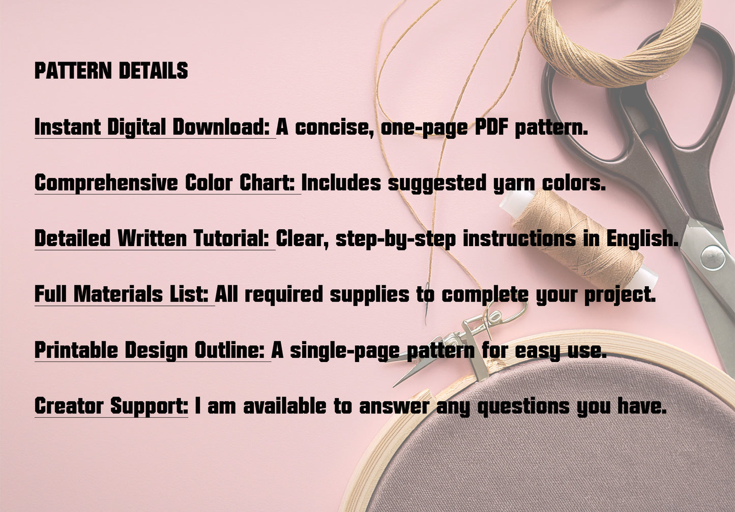 Text detailing pattern features with yarn, scissors, and hoop on a pink background
