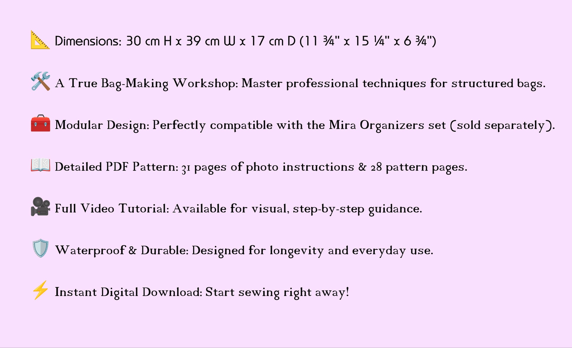 Product description text on a light purple background