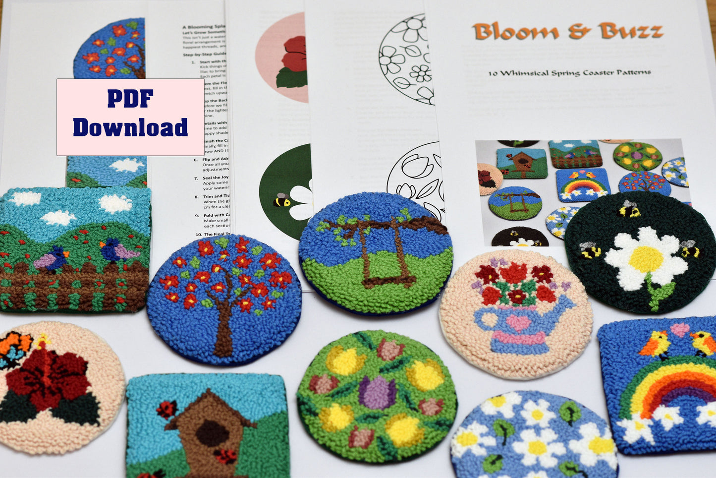 Spring punch needle coaster pattern bundle–10 digital PDF designs – Beginner friendly embroidery projects–Floral, birds and nature themes