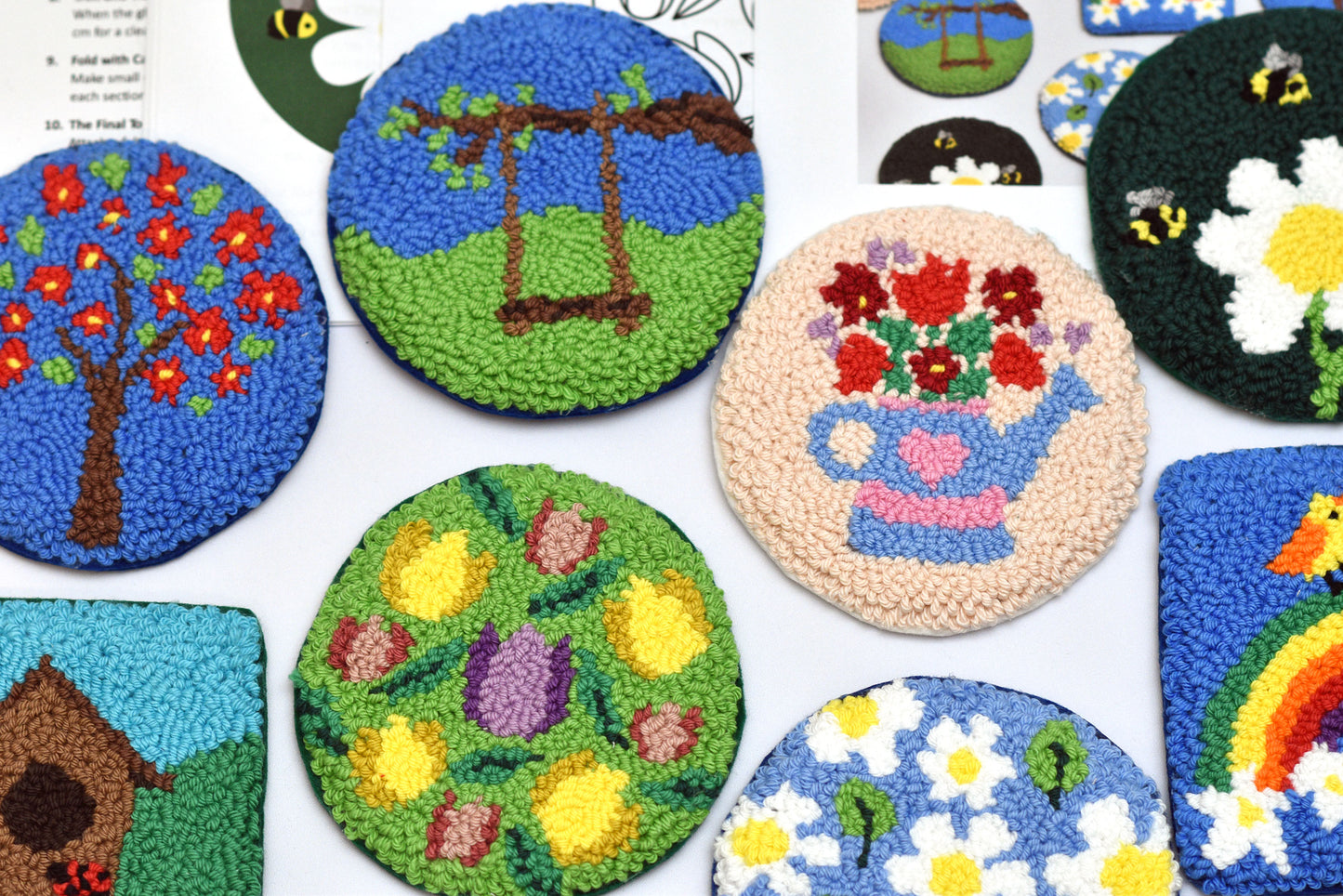 Spring punch needle coaster pattern bundle–10 digital PDF designs – Beginner friendly embroidery projects–Floral, birds and nature themes