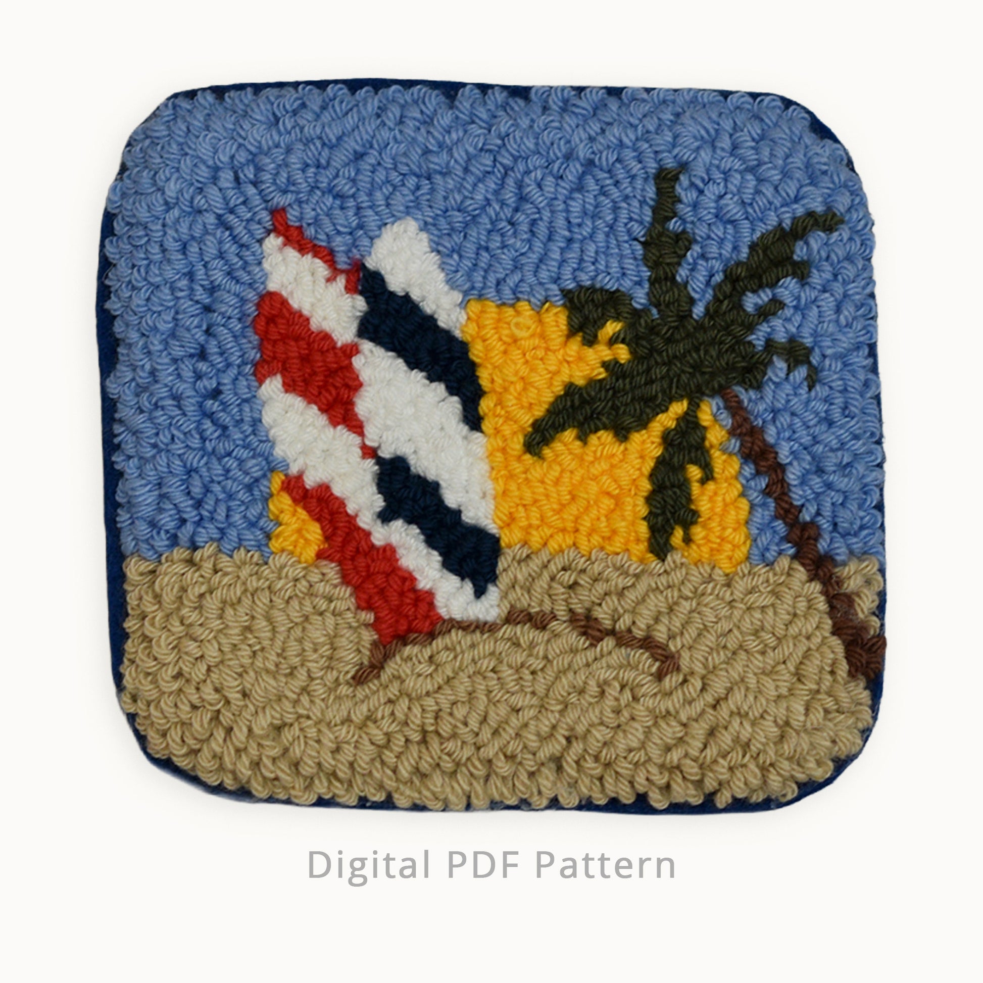 Hand-punched needle embroidery coaster pattern featuring colorful surfboards standing upright in sandy beach dunes, with a palm tree and warm sunset sky in the background. A summer-inspired punch needle design with retro tones and textured loops, shown as a digital PDF pattern.