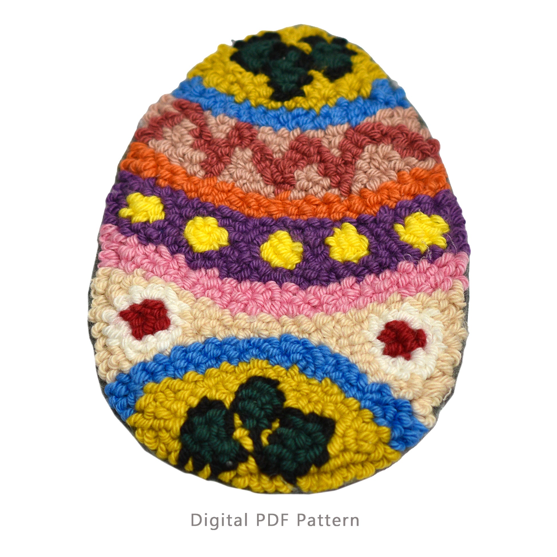 Colorful punch needle Easter egg digital PDF pattern featuring ornamental geometric design in bright layered stripes.
