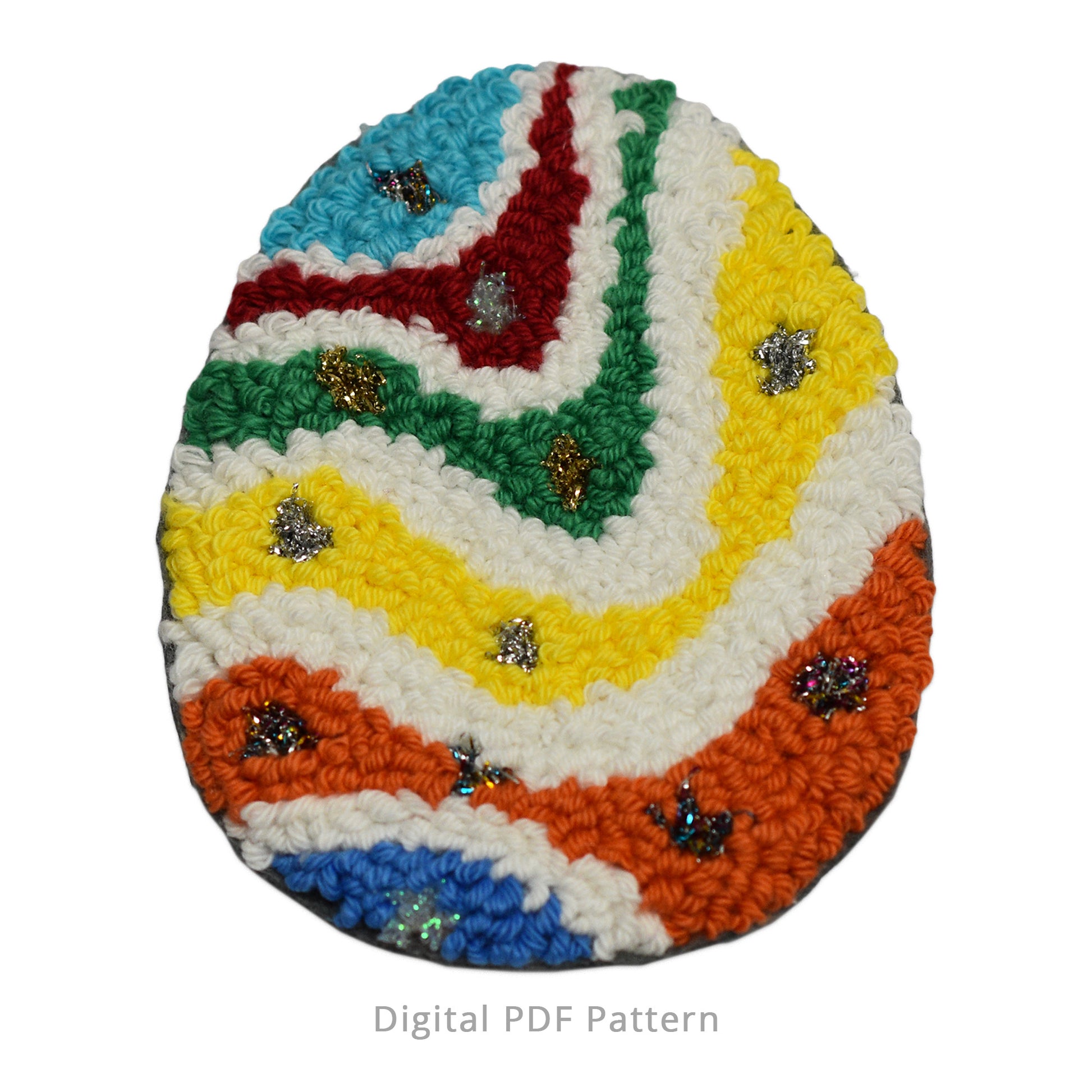 Easter egg punch needle coaster pattern with colorful layered stripes and sparkle details, shown on a white background, digital PDF download.