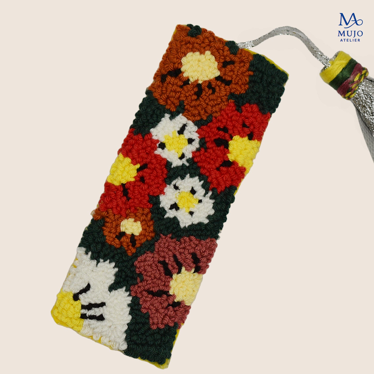 Punch needle floral bookmark pattern PDF with colorful flowers and silver tassel, beginner-friendly digital embroidery pattern by Mujo Atelier.