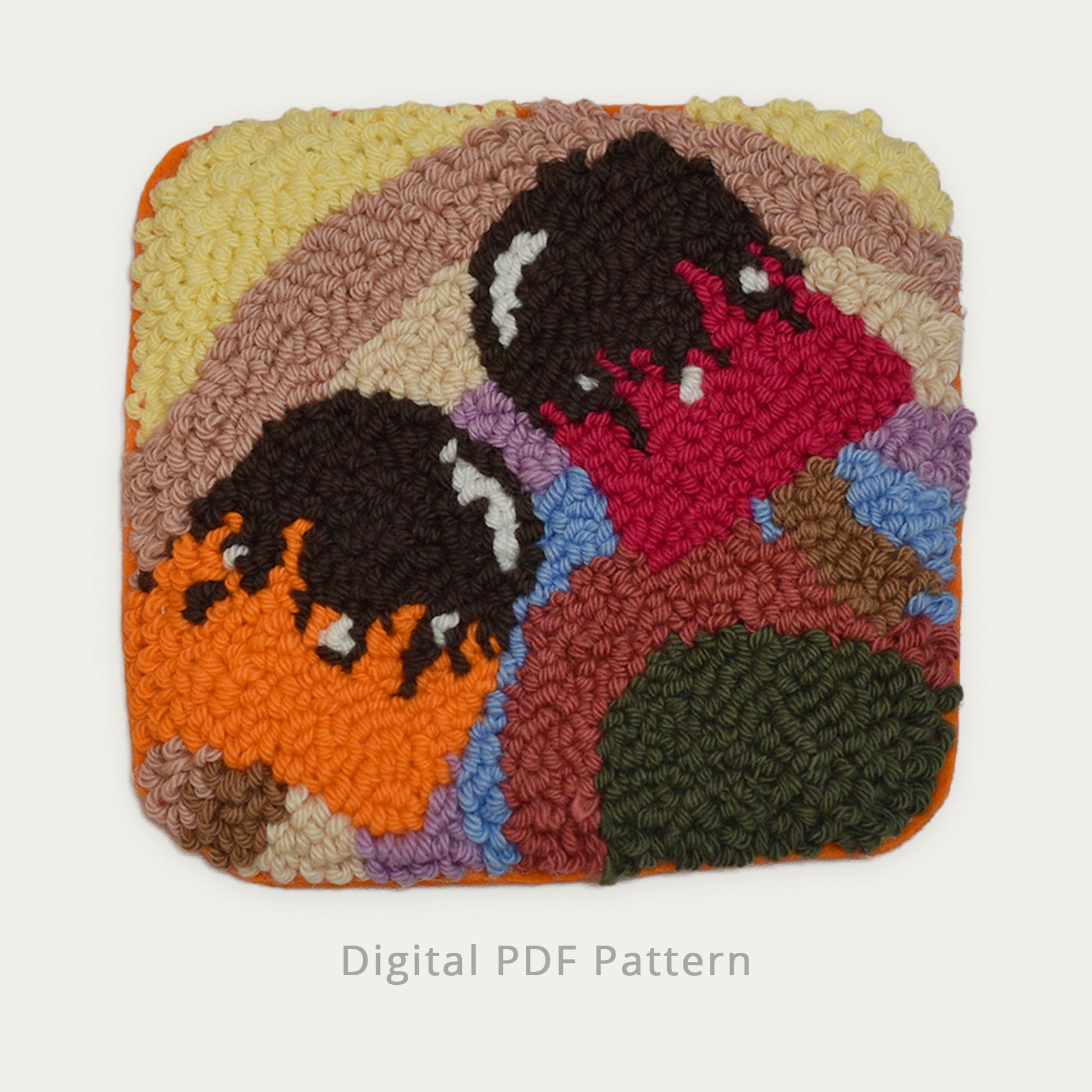 Punch needle cherry and orange popsicle pattern with chocolate-dipped tops, set against a soft retro pastel background, digital PDF design