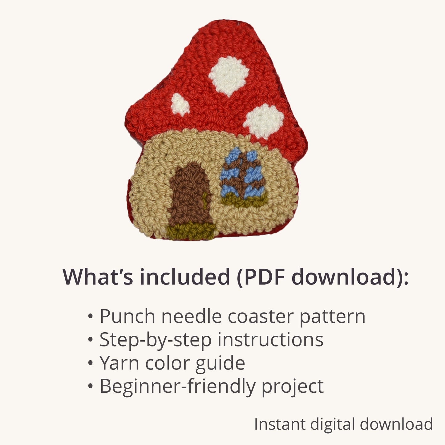 Punch needle mushroom house coaster pattern featuring a red cap cottage, beginner-friendly PDF with step-by-step instructions