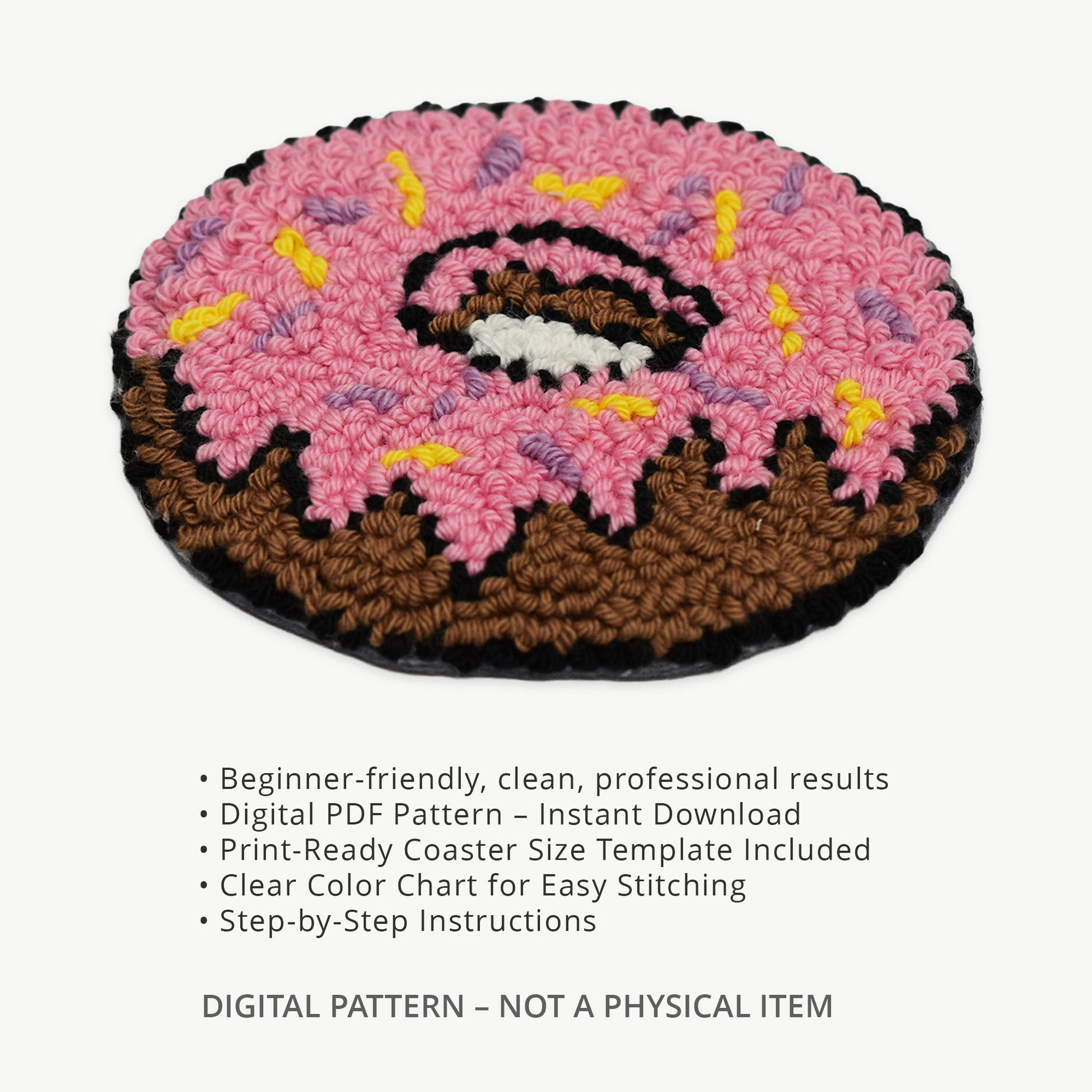 Punch needle donut coaster with pink icing and sprinkles, shown with feature text describing a beginner-friendly digital PDF pattern, instant download, print-ready coaster template, color chart, and step-by-step instructions.