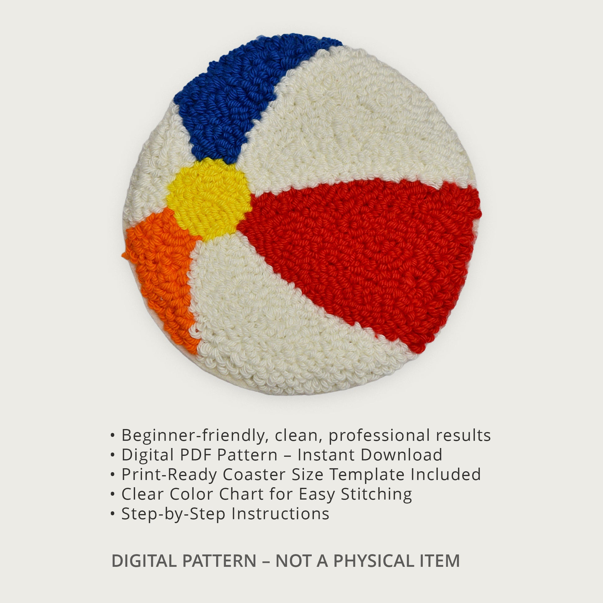 Punch needle beach ball coaster design displayed with feature text describing a beginner-friendly digital PDF pattern, instant download, print-ready coaster template, color chart, and step-by-step instructions.