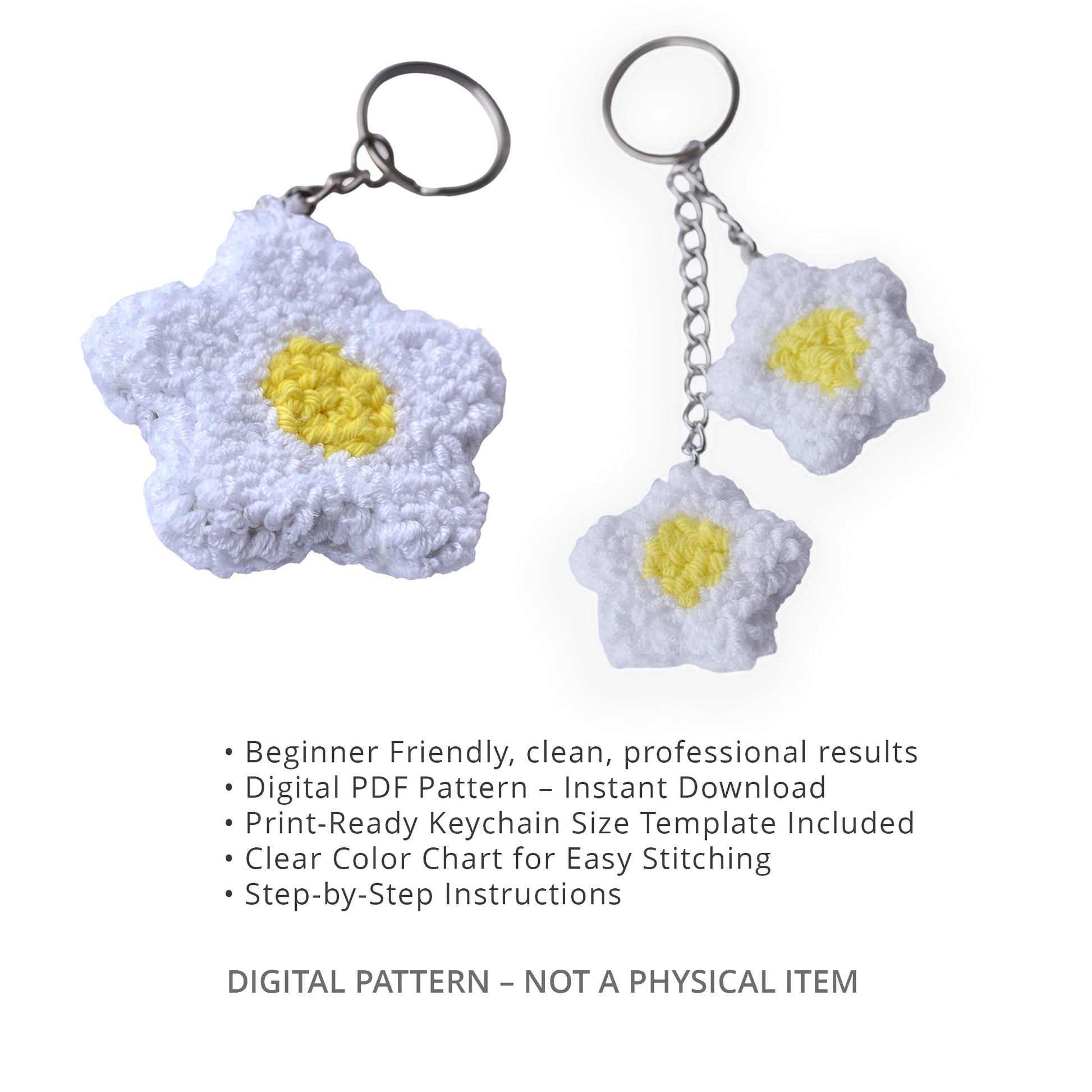 Punch needle daisy flower keychain pattern preview showing two finished examples, one single daisy charm and one double daisy charm on a chain, with product details listing beginner-friendly digital PDF pattern, color chart, step-by-step instructions, and note that this is a digital pattern, not a physical item.