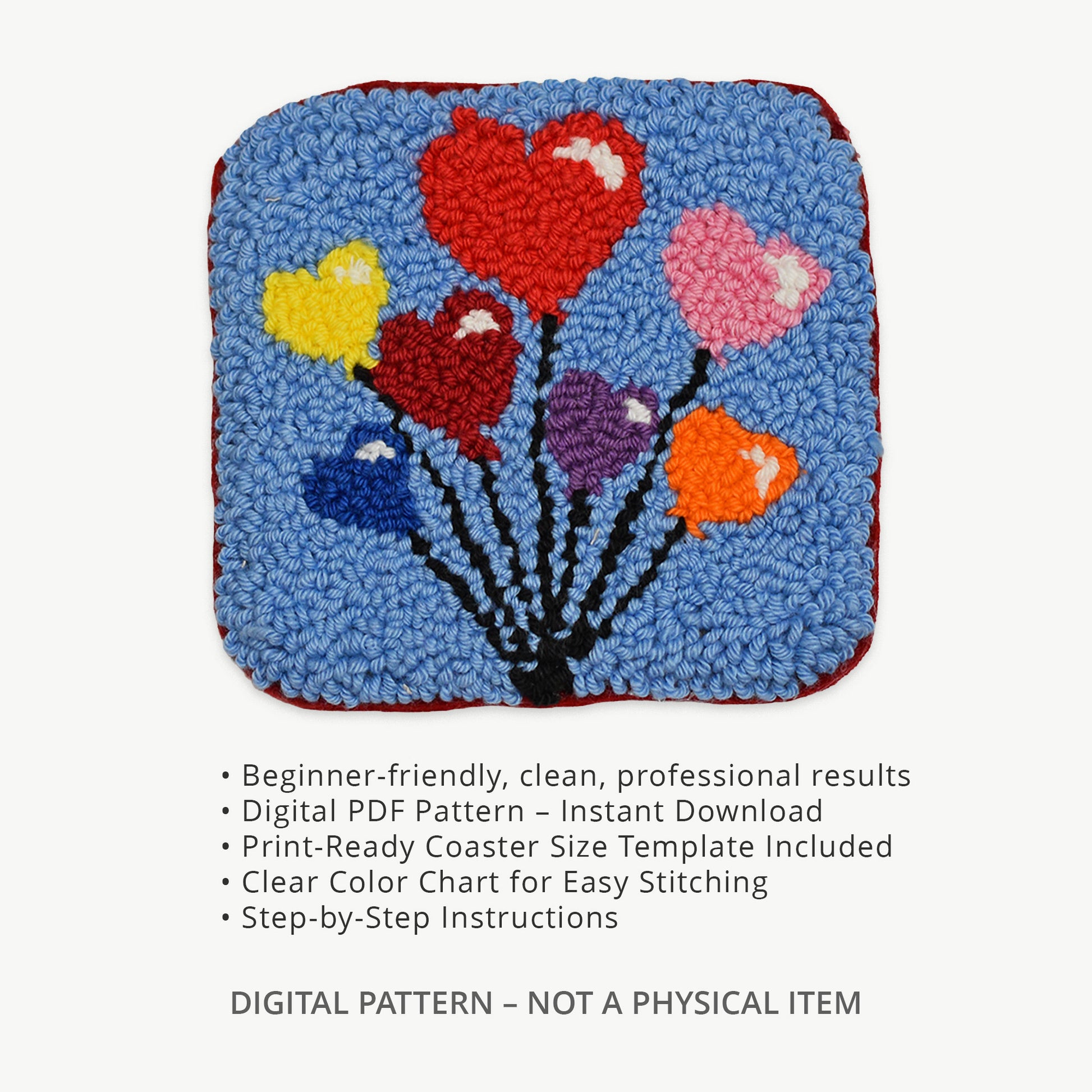 Punch needle heart balloon coaster displayed with feature text describing a beginner-friendly digital PDF pattern, including instant download, print-ready coaster template, color chart, and step-by-step instructions.