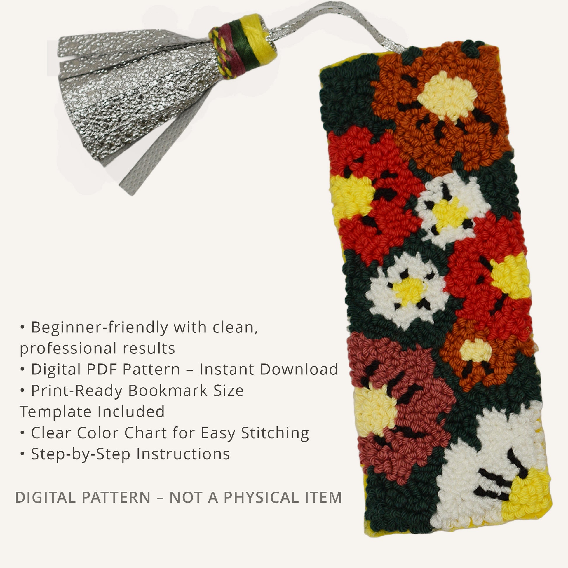 Punch needle floral bookmark with silver tassel shown alongside feature text describing a beginner-friendly digital PDF pattern, including instant download, print-ready template, color chart, and step-by-step instructions.