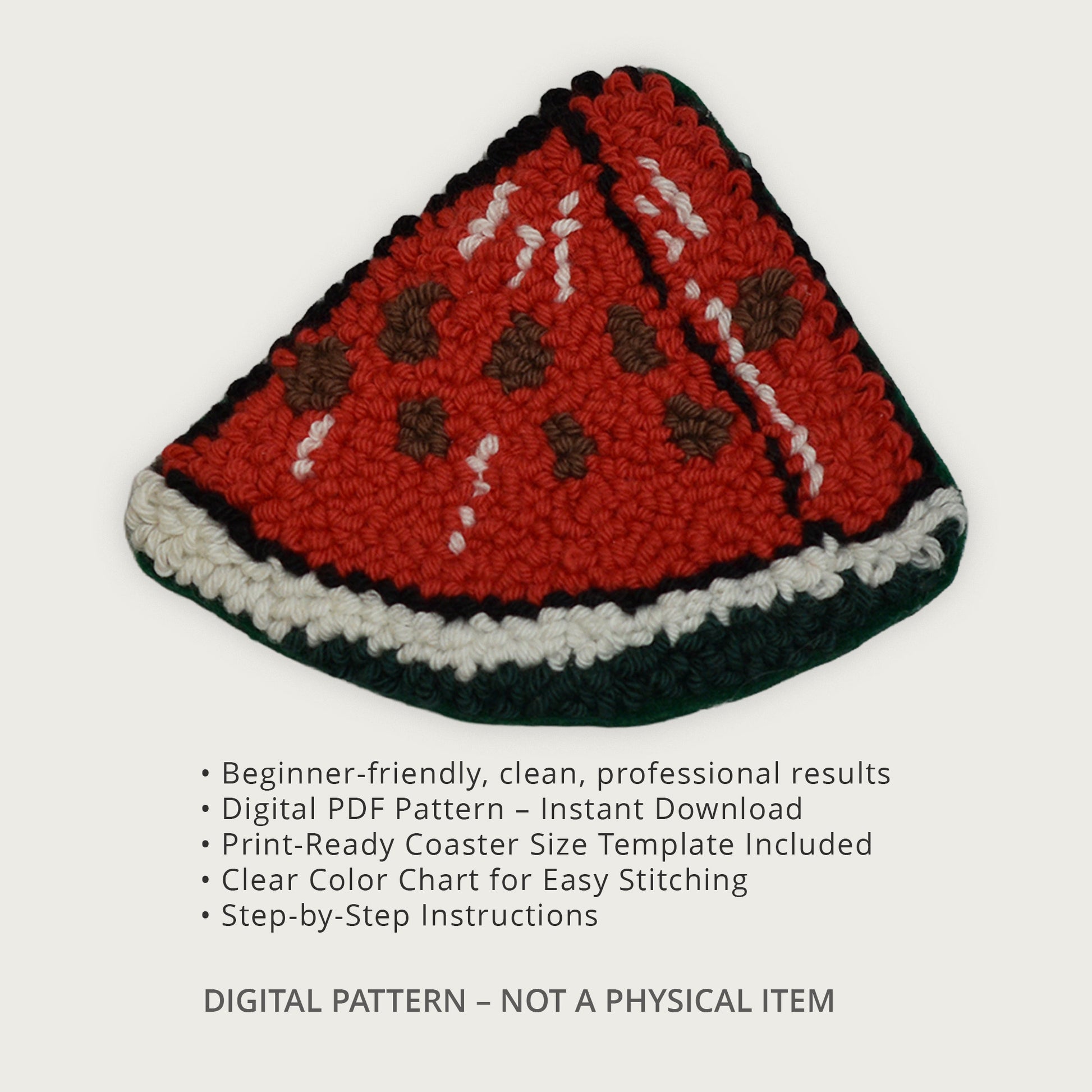 Watermelon slice punch needle coaster with textured yarn loops, shown as a digital PDF pattern listing image.