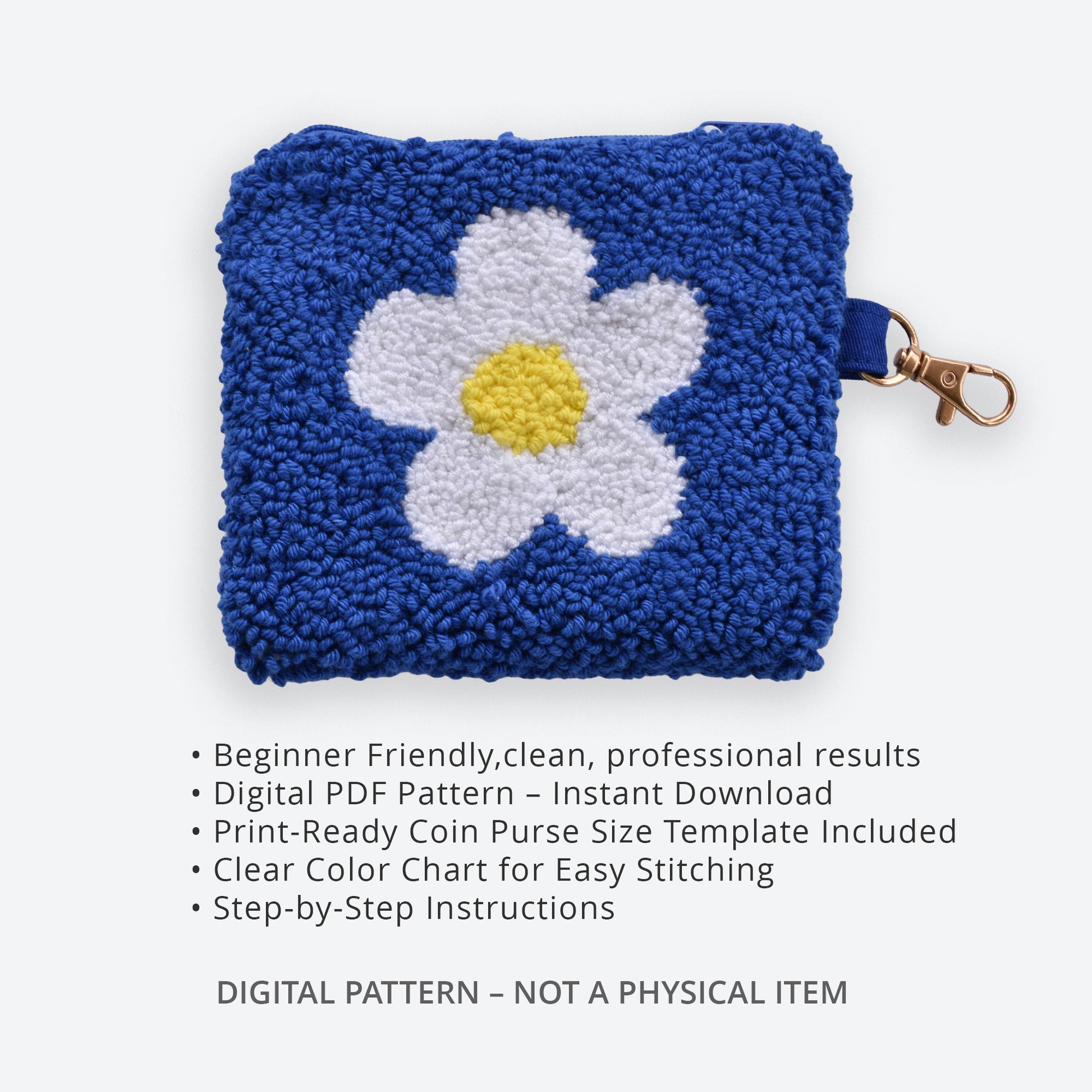 Blue punch needle coin purse with a white daisy flower and yellow center, shown flat on a light background with feature text indicating a beginner-friendly digital PDF pattern and instant download.