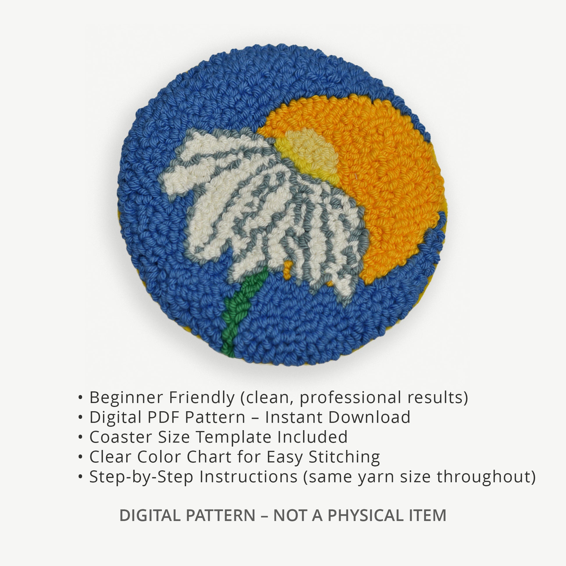 Punch needle coaster pattern second image showing a daisy flower design with beginner-friendly digital PDF pattern details, color chart, and step-by-step instructions.