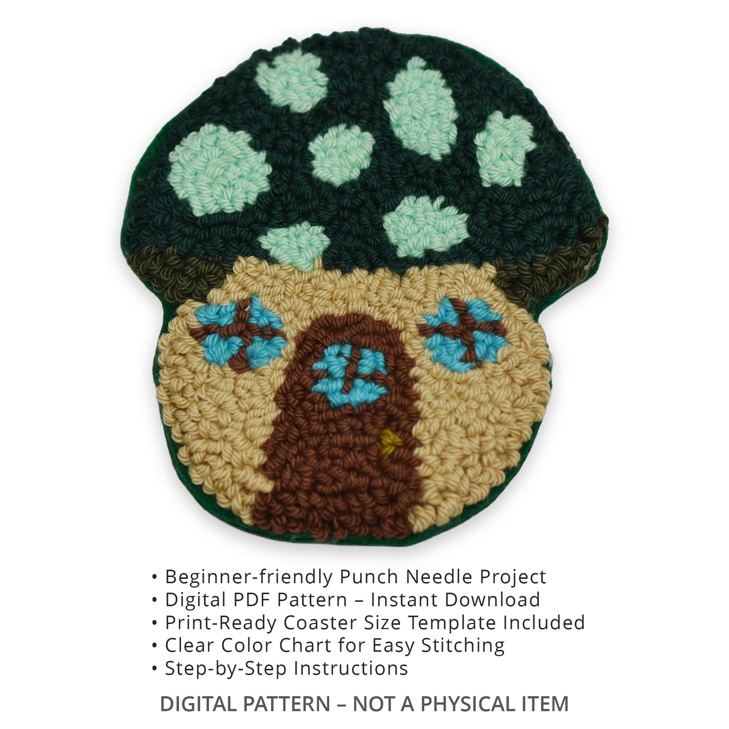 Punch needle mushroom house coaster pattern PDF showing beginner friendly digital download features and included instructions