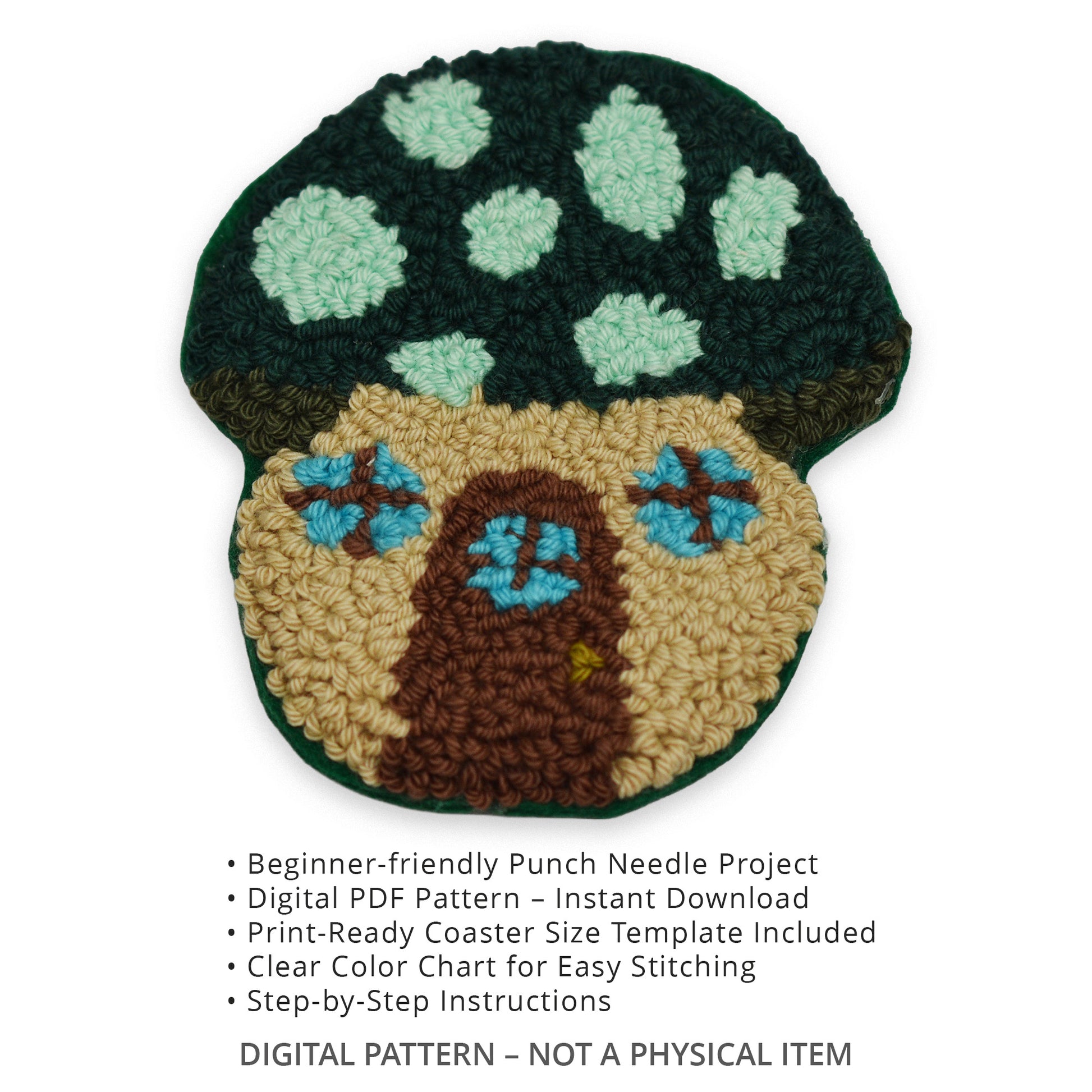 Punch needle mushroom house coaster pattern PDF showing beginner friendly digital download features and included instructions